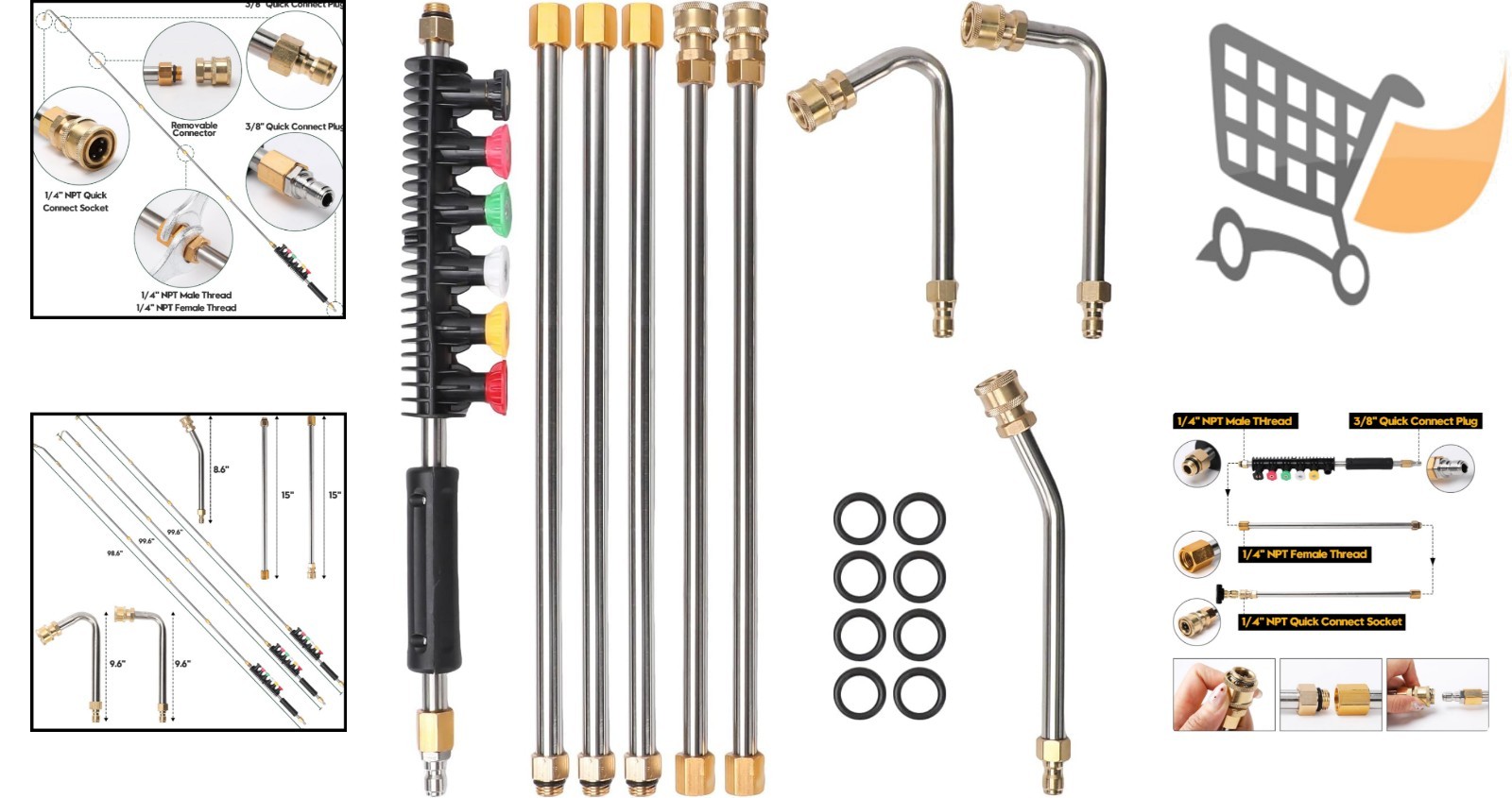 Pressure Washer Extension Wand Set Stainless Steel 9 Pack with Nozzle Tips