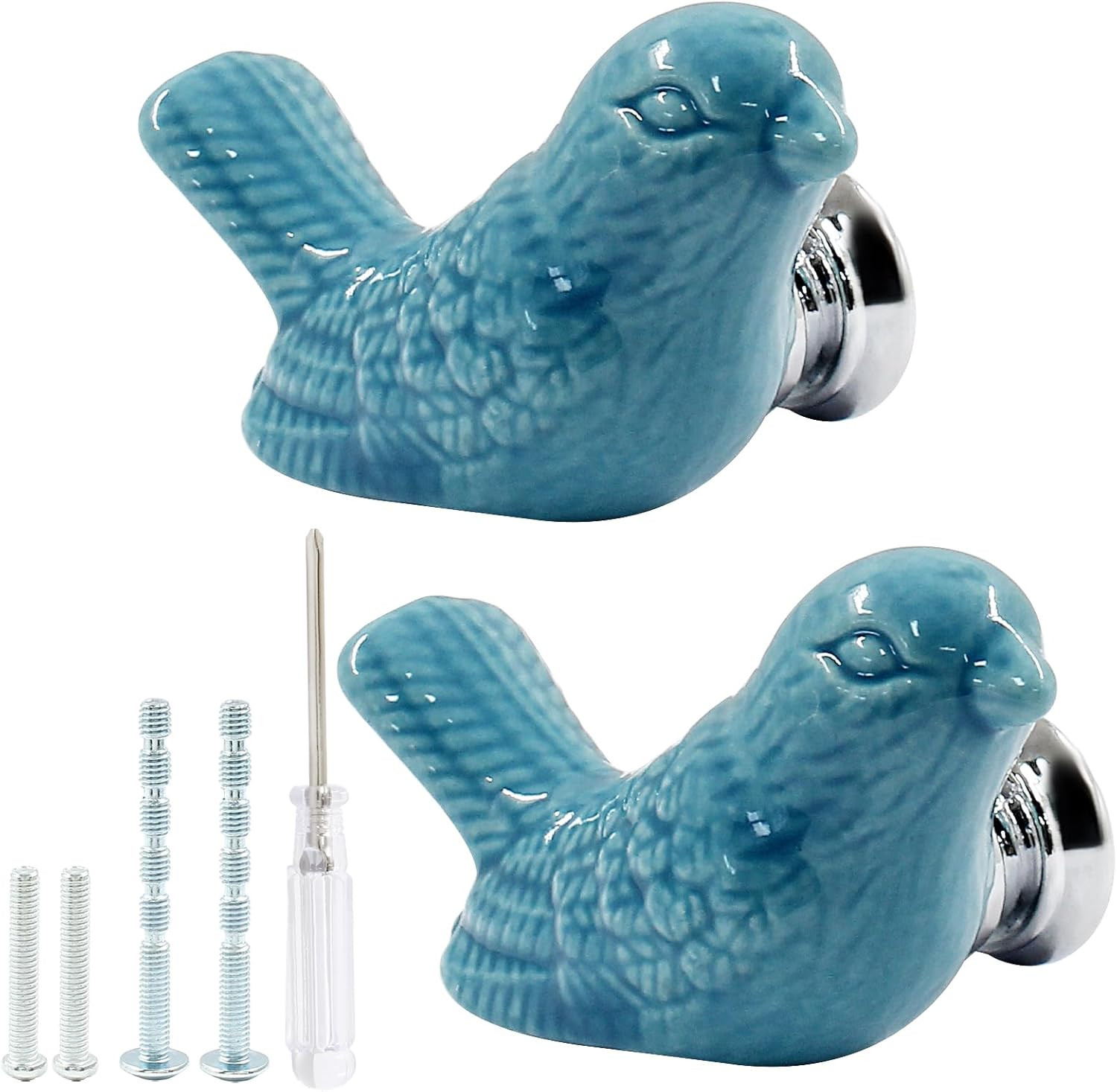 2 Pack Blue Bird Ceramic Cabinet Knobs Drawer Pulls with Screws & Tool