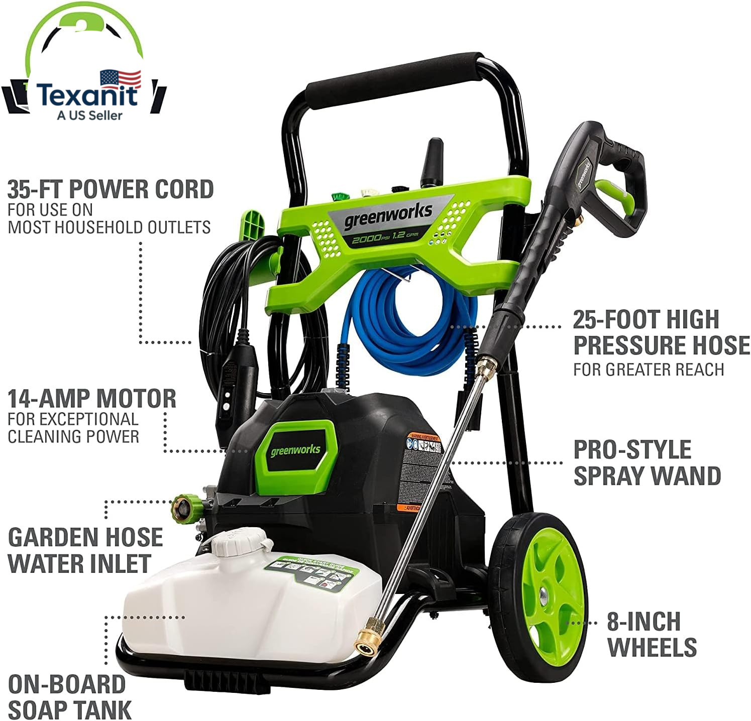 2000 PSI (1.2 GPM) Electric Pressure Washer, Steel Wand, On-Board Soap Tank (25°
