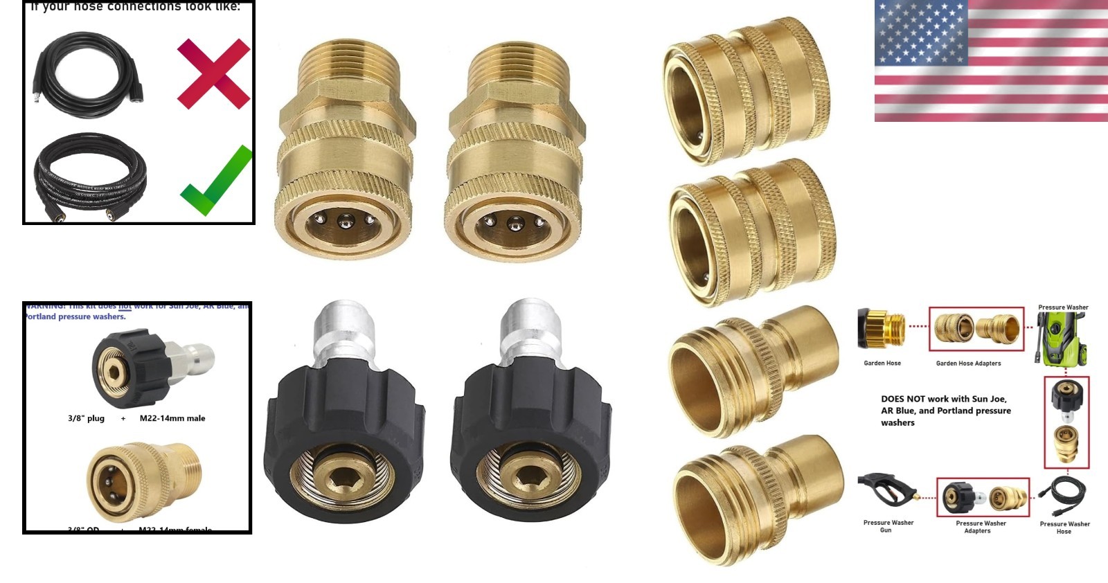 High Pressure Washer Quick Connect Adapter Set M22 14mm Brass Stainless Steel