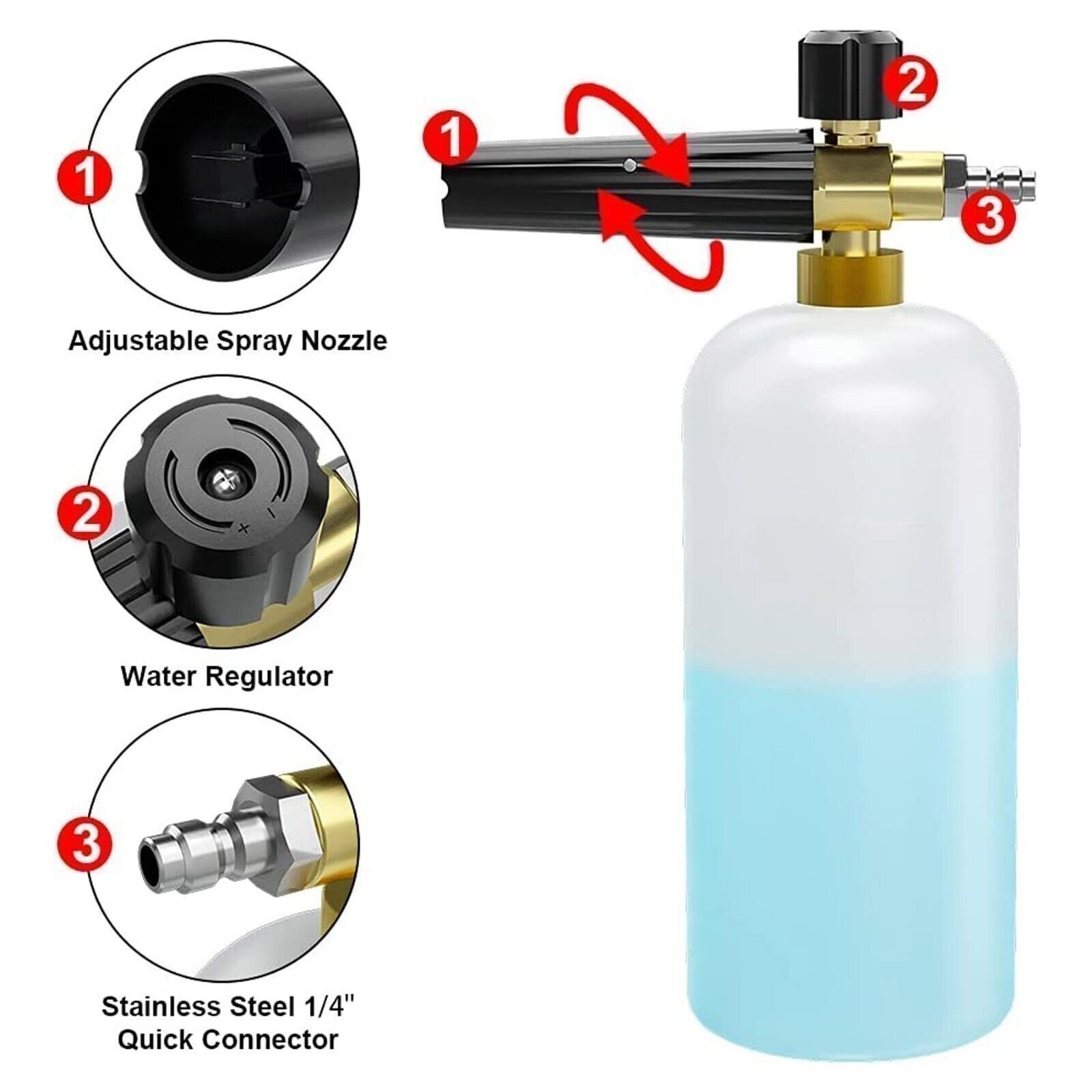 1/4″ Snow Foam Pressure Washer Gun Car Wash Soap Lance Cannon Spray Jet Bottle