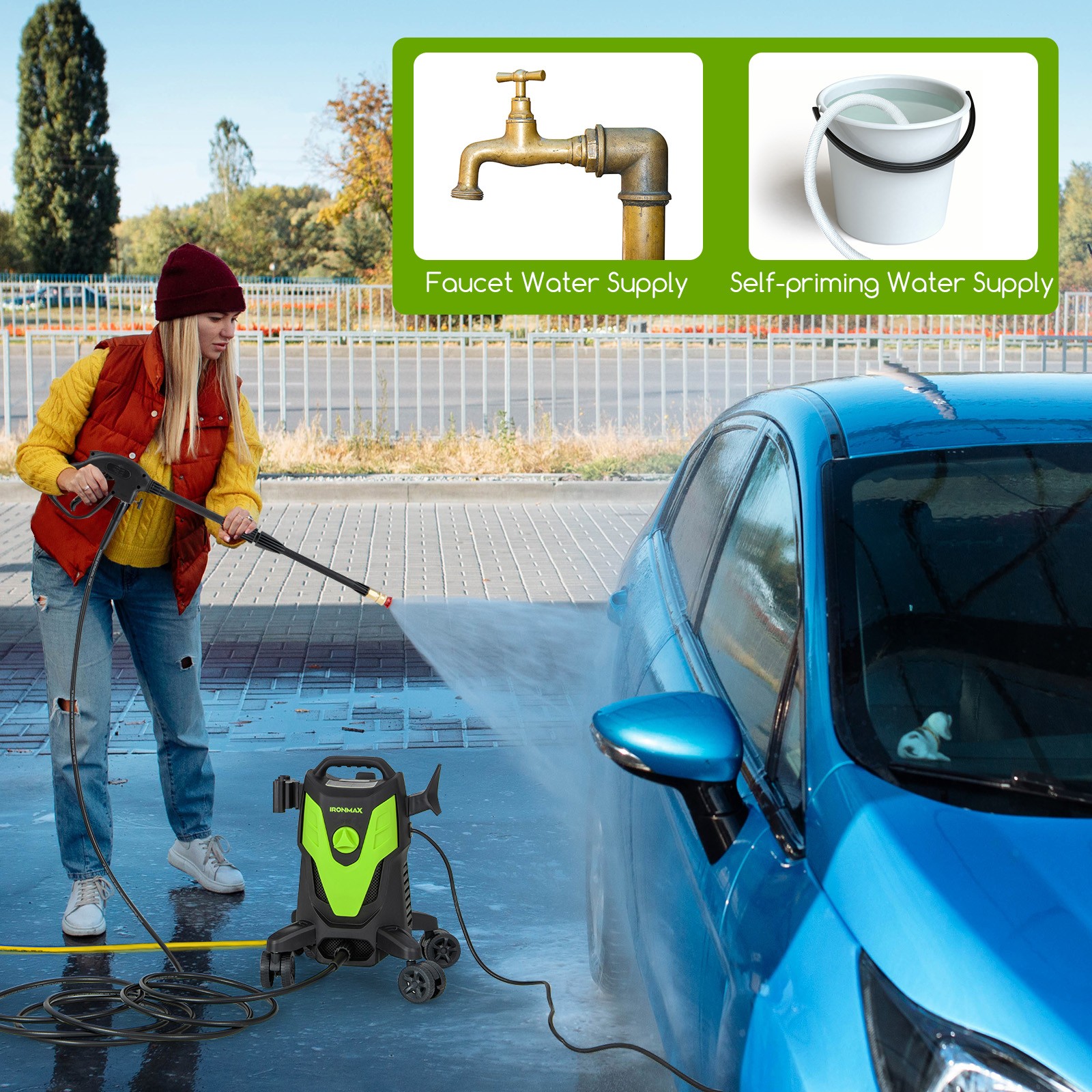 3 Self-Priming Ways Electric Pressure Washer w/ 4 Universal Wheels, 4 Nozzles