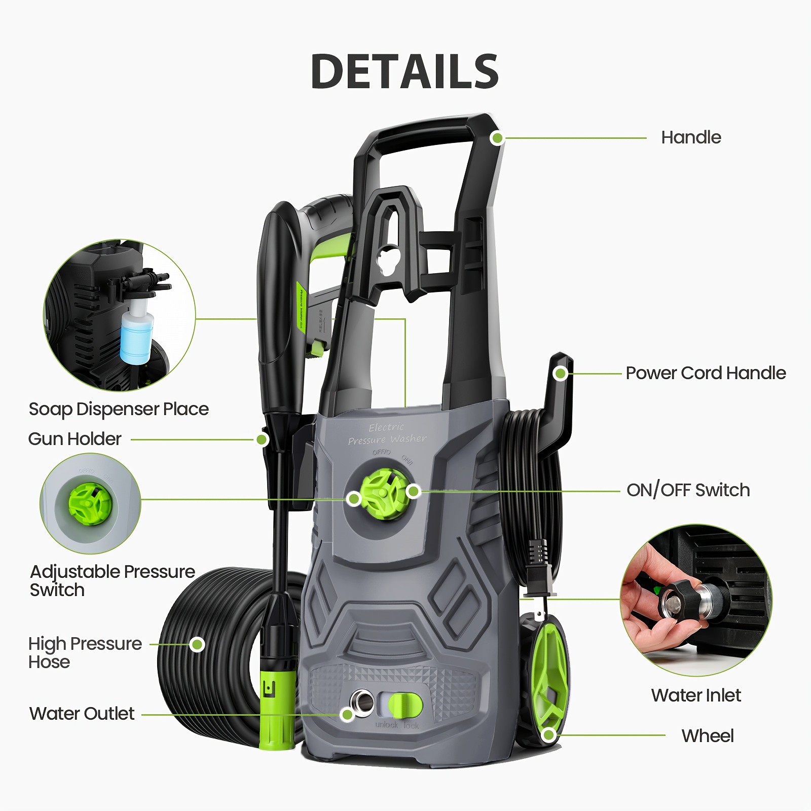 Electric Pressure Washer 1500W High Pressure Washer Portable with 4 in 1 Nozzle