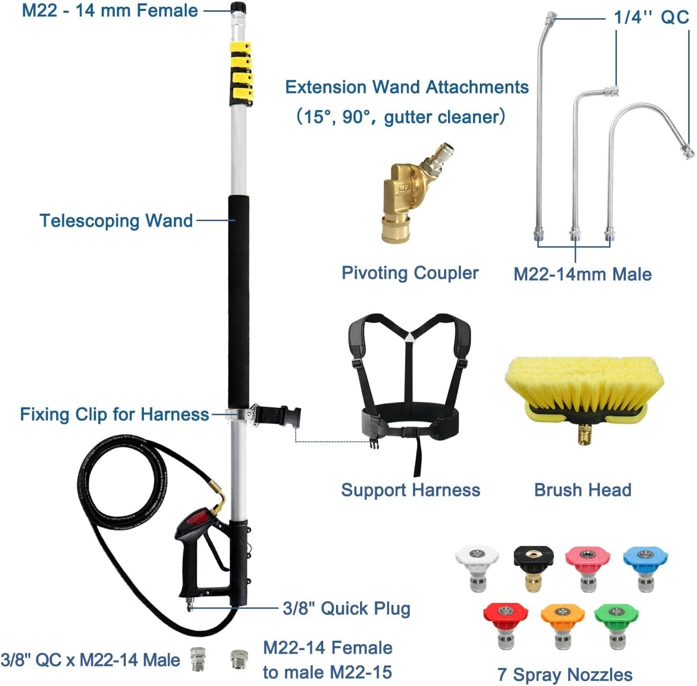 Aluminum Pressure Washer Telescoping Wand 24 FT with 2 Adapters & Support Belt