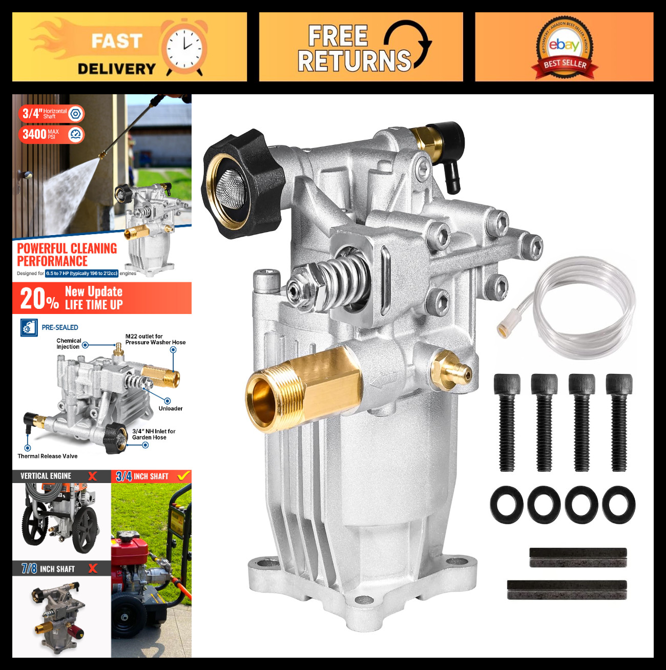 3/4″ Shaft Horizontal Pressure Washer Pump 3400 PSI 2.5 GPM Replacement for Powe