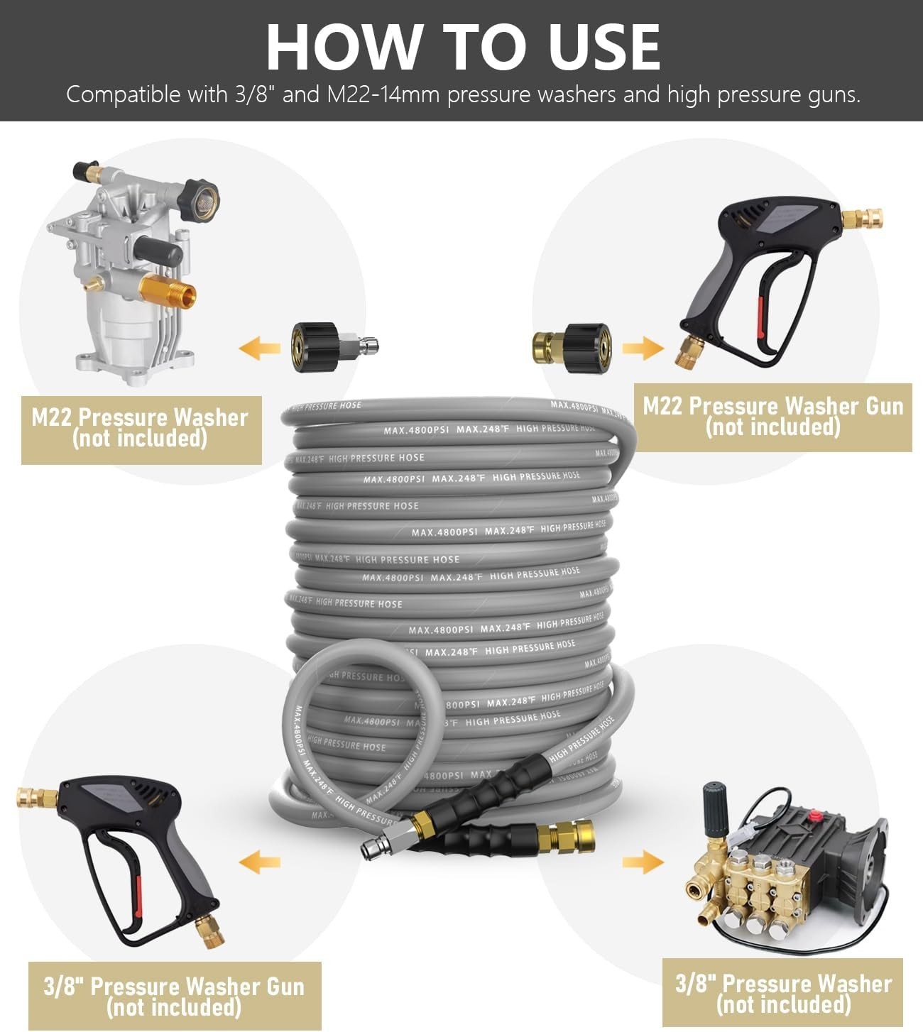 Ultra-Flexible 50FT Pressure Washer Hose 3/8″ – Steel Braided, 4800 PSI Rating