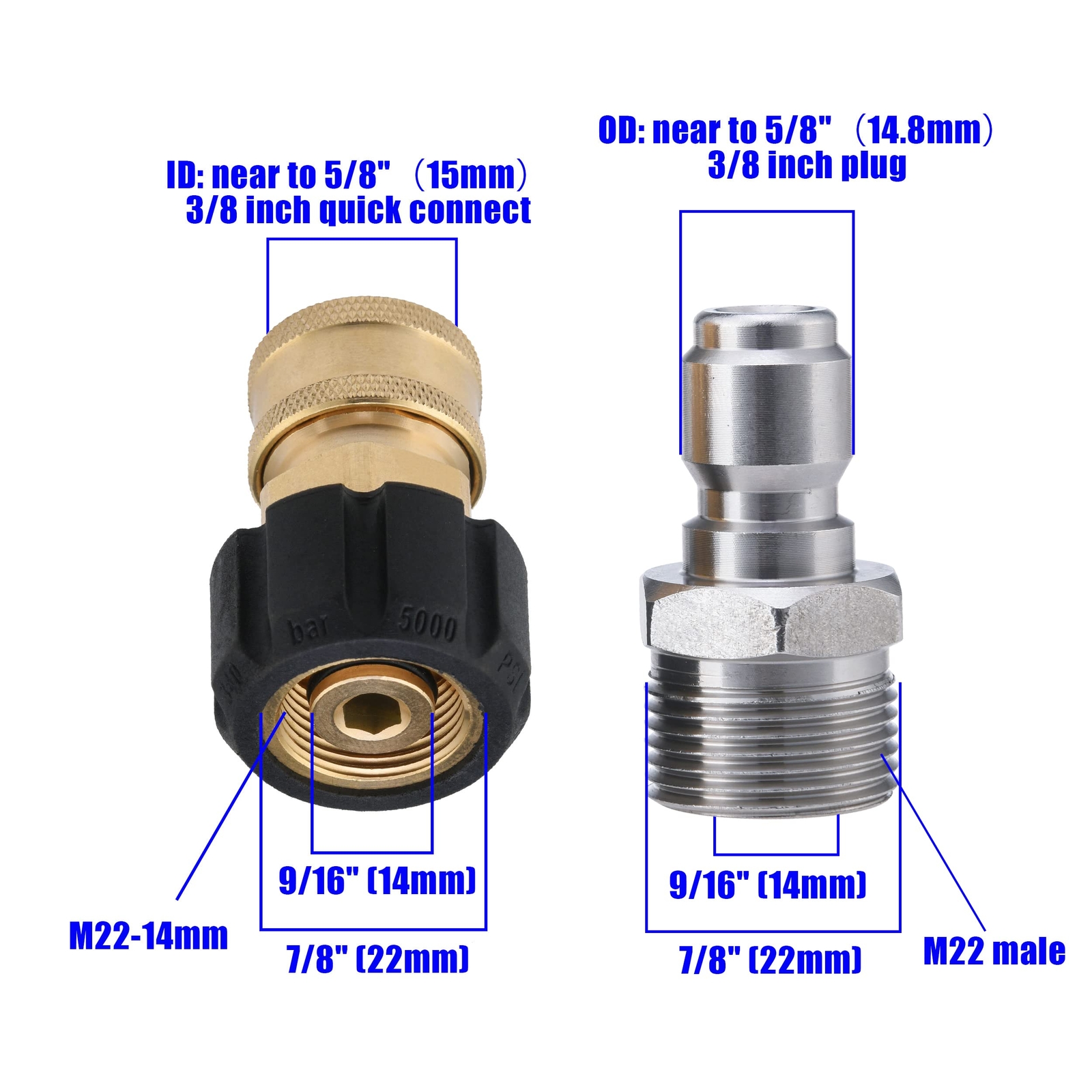 Pressure Washer Adapter Set M22 14mm to 3/8 inch Quick Connect and Disconnect