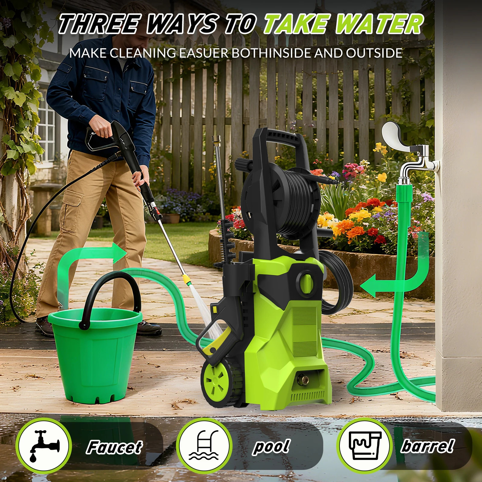 Portable Electric Pressure Washer 3000PSI 1500W High Pressure Cleaner Machine wi