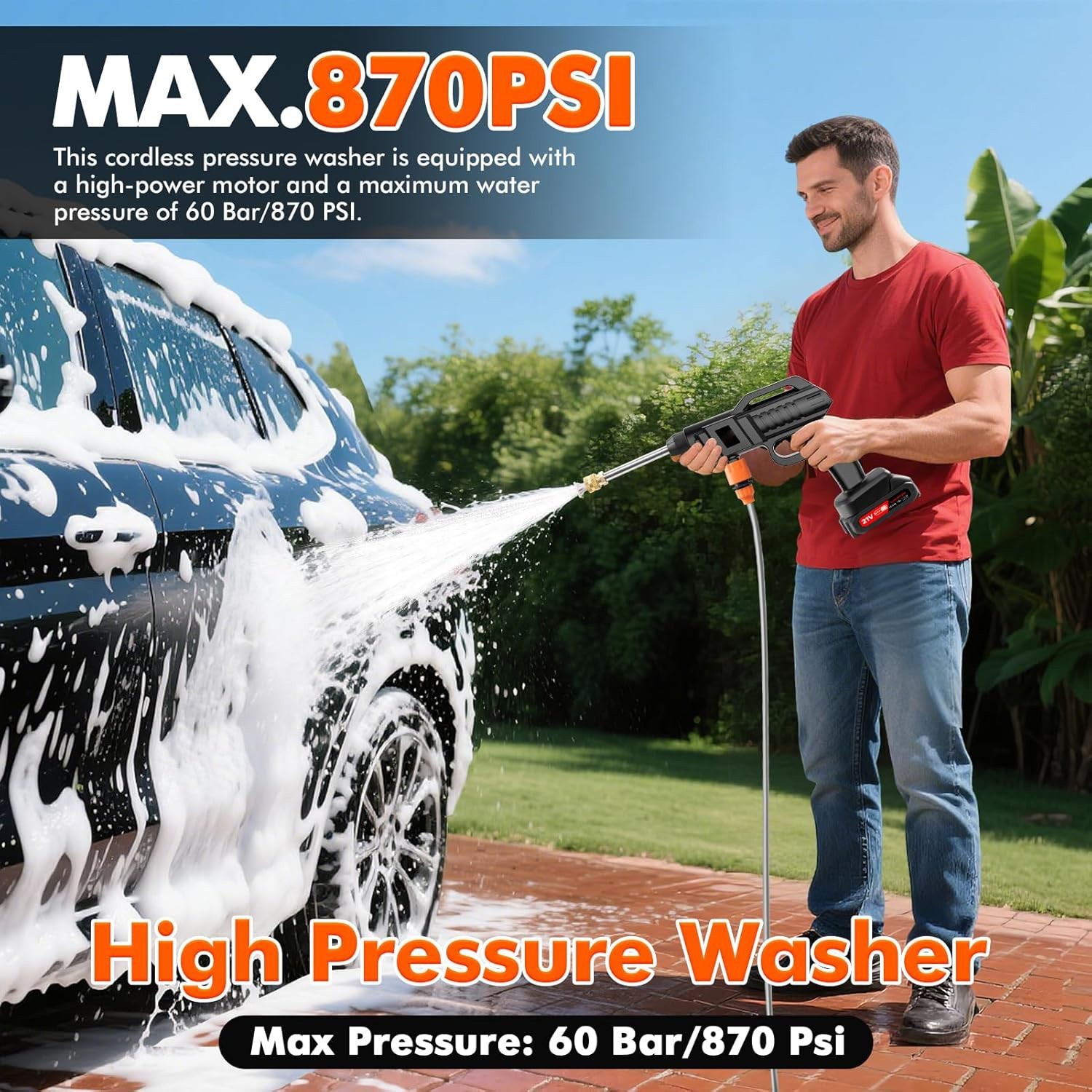 Cordless Pressure Washer 870PSI Portable Power Washer W Battery Nozzle Hose Kit