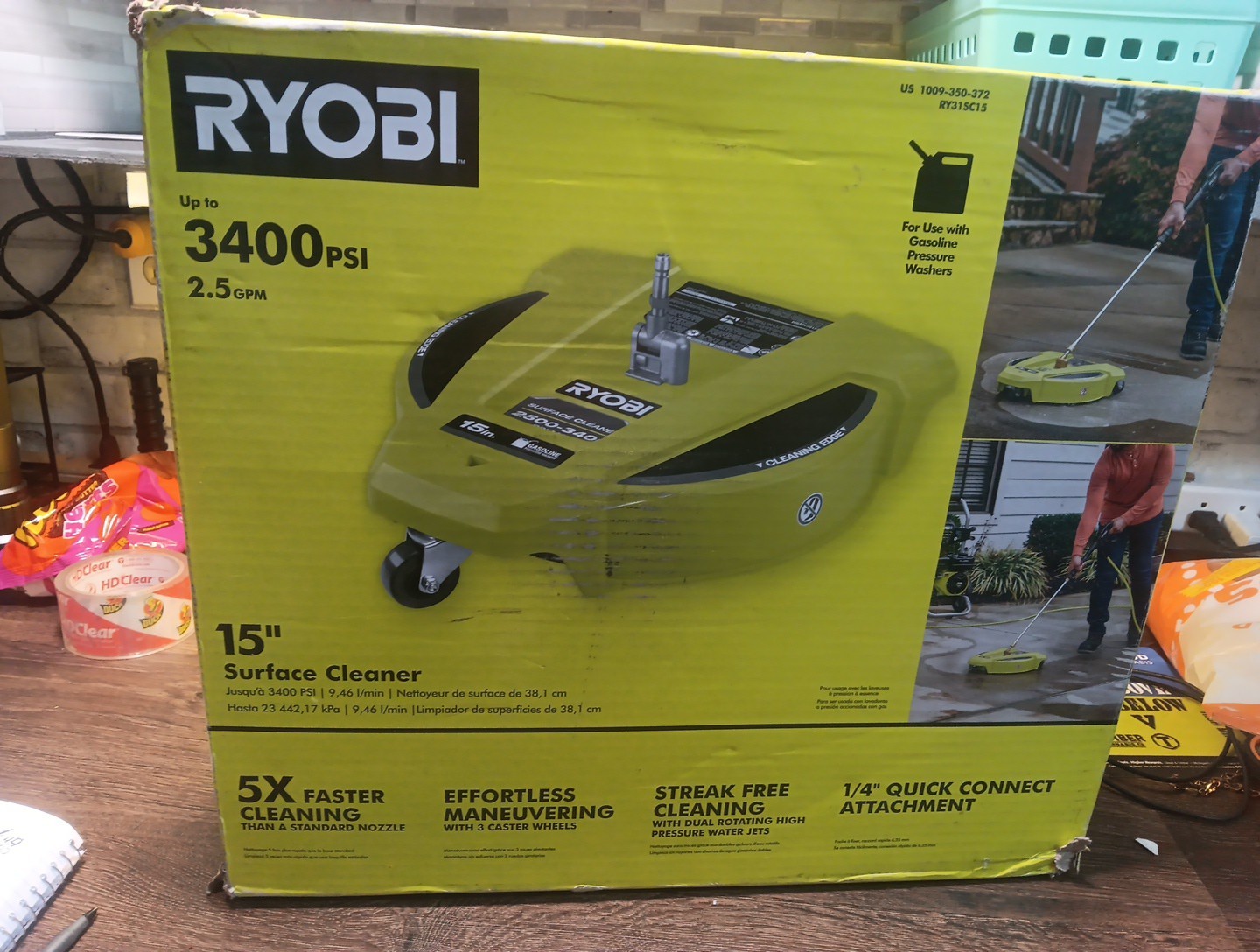Ryobi 15 in. 3400 PSI Gas Pressure Washer Surface Cleaner with Caster Wheels New