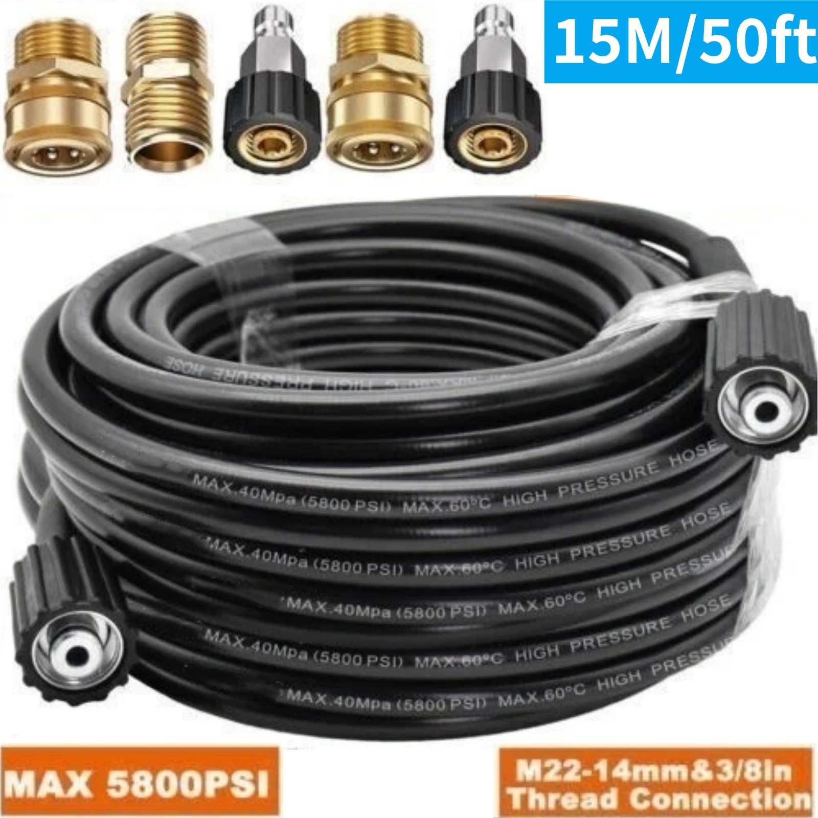 50FT 5800PSI Replacement High Pressure Power Washer Hose M22- 3/8″ Quick Connect