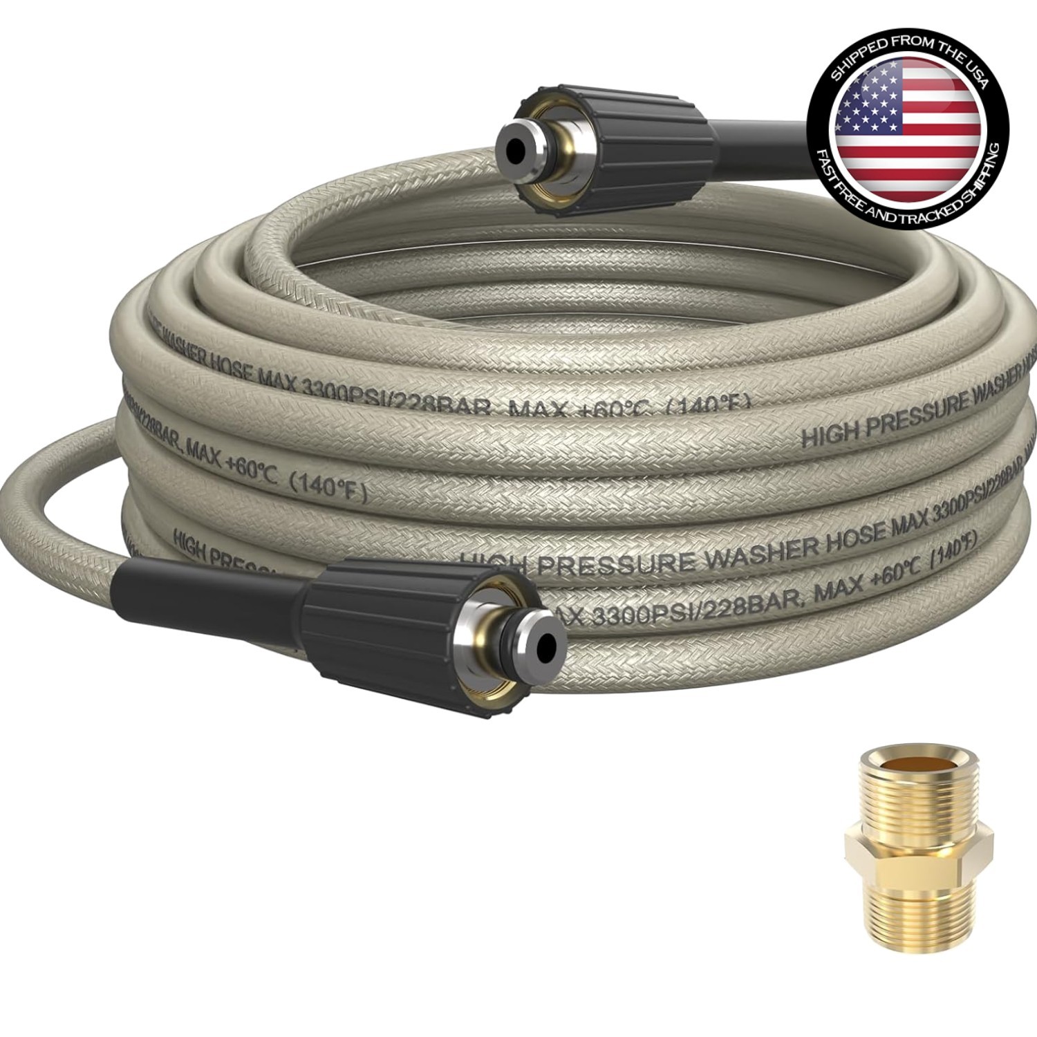 Gray 25′ Kink Free High Pressure Washer Hose – M22-14mm Brass Fittings Included