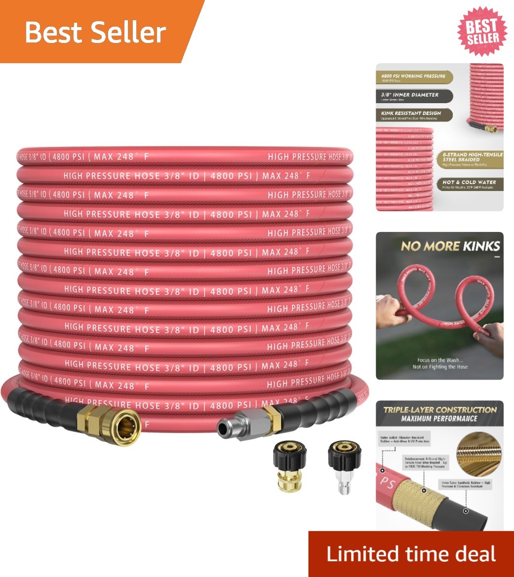 3/8″ 4800PSI Pressure Washer Hose 50FT with Swivel Quick Connect Max 248°F