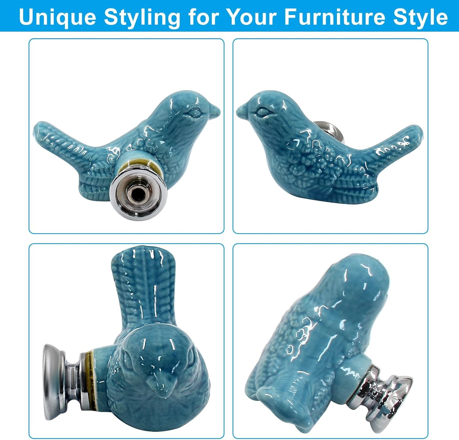 2 Pack Blue Bird Ceramic Cabinet Knobs Drawer Pulls with Screws & Tool