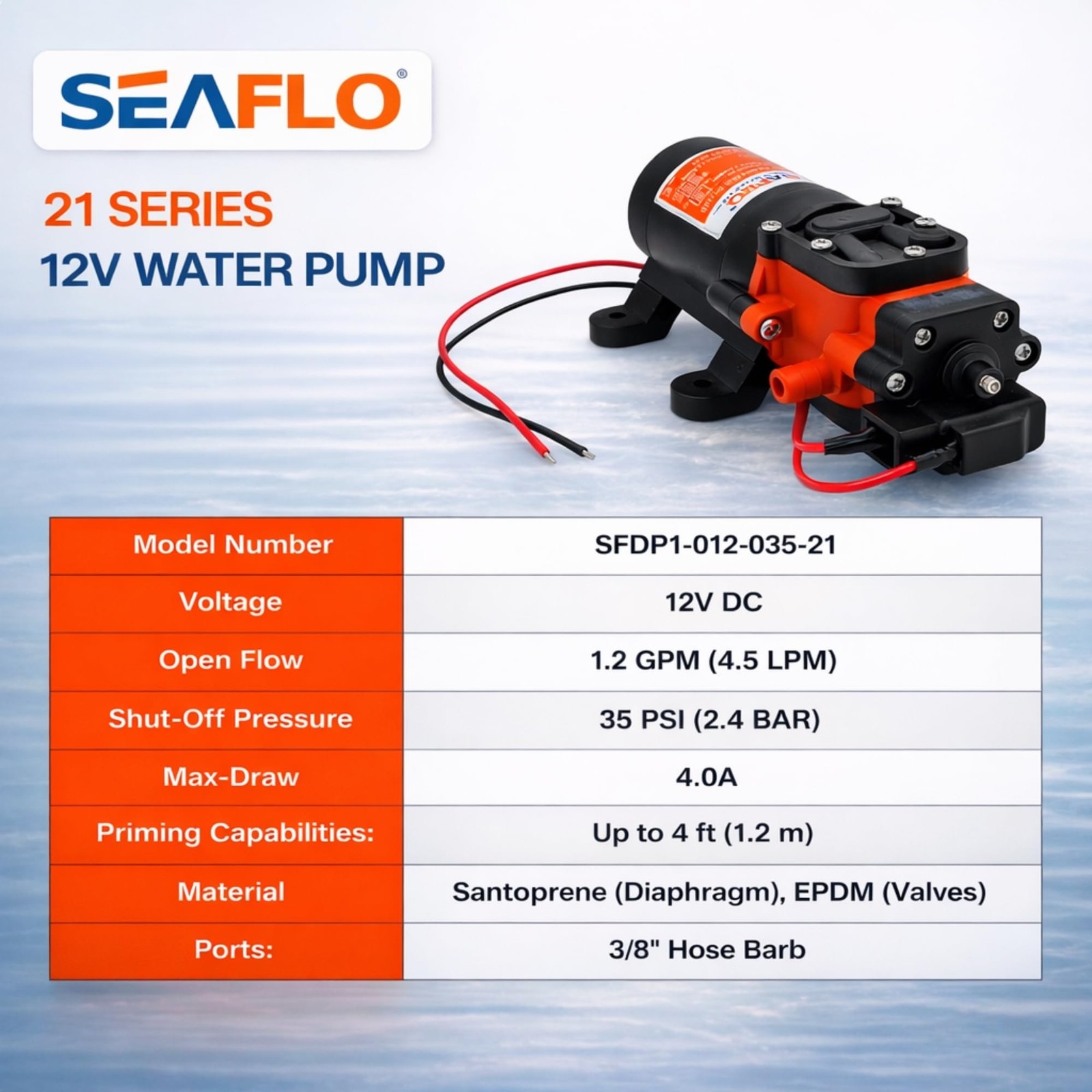 12V Diaphragm Water Pump 1.2 GPM 35 PSI Self Priming Quiet RV Boat