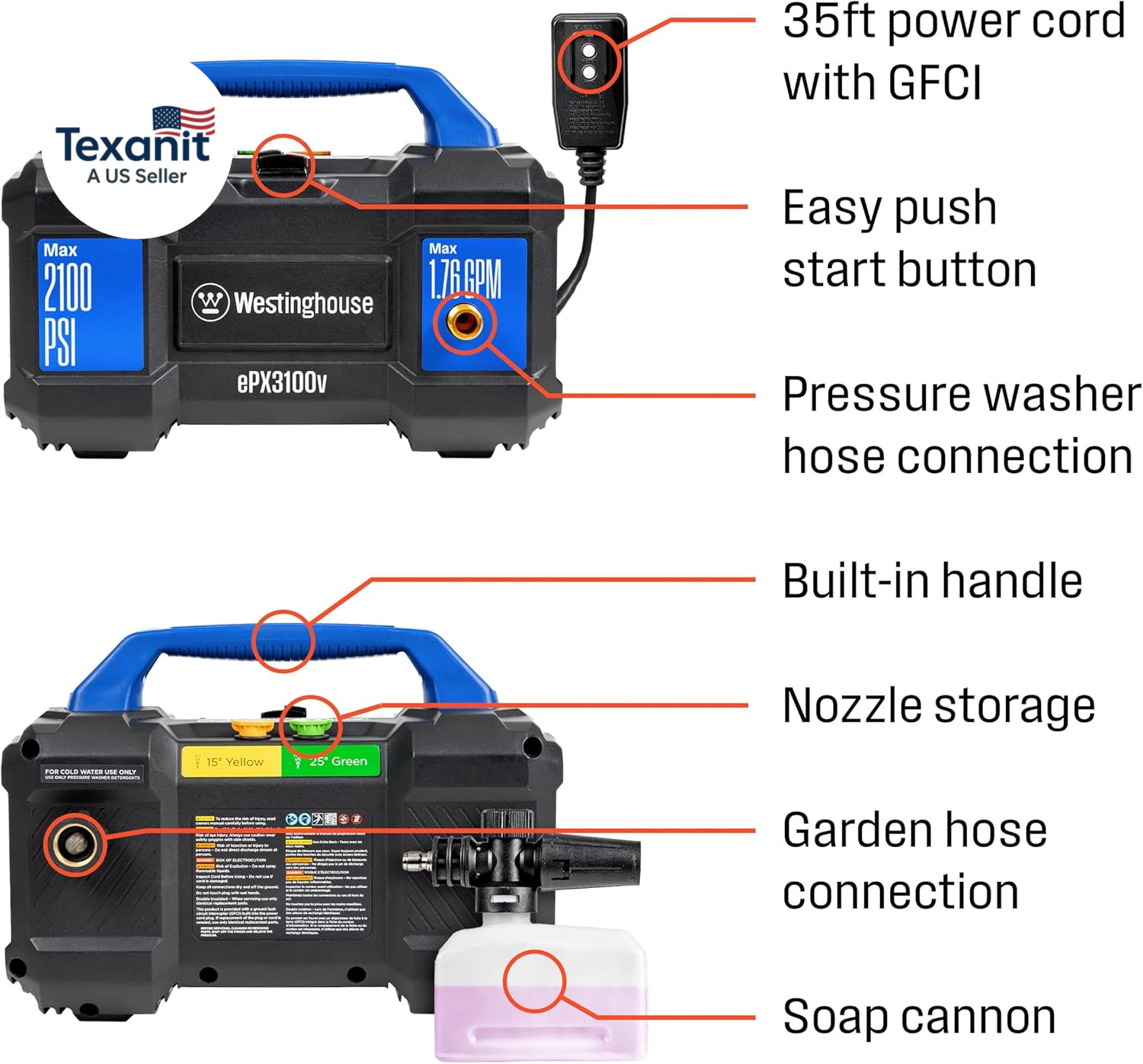 Epx3100V Electric Pressure Washer, 2100 Max PSI 1.76 Max GPM, Built-In Carry Han