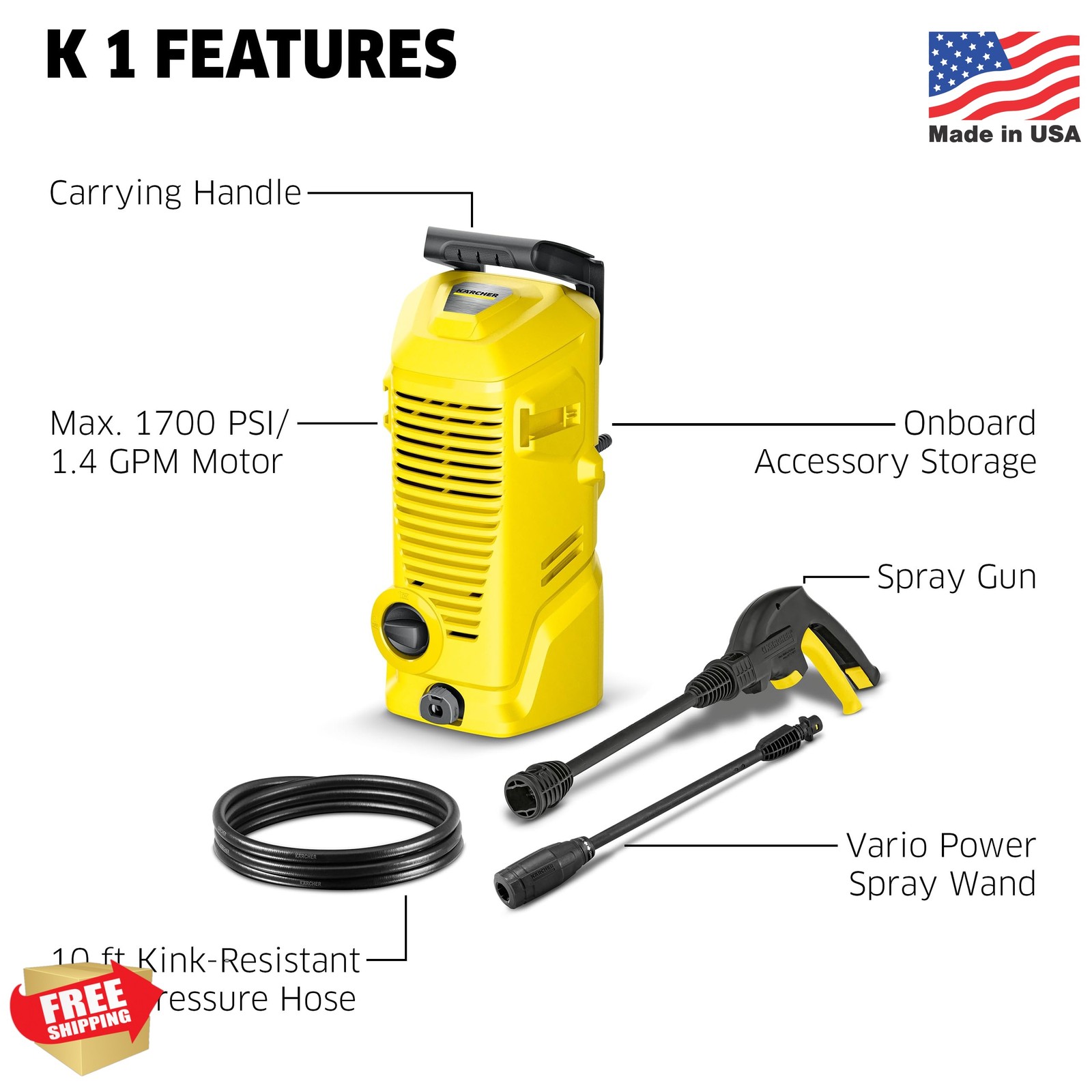 Kärcher Pressure Washer K 1, Max 1.45 GPM, 1700 PSI, Trigger Spray Gun & Vario P
