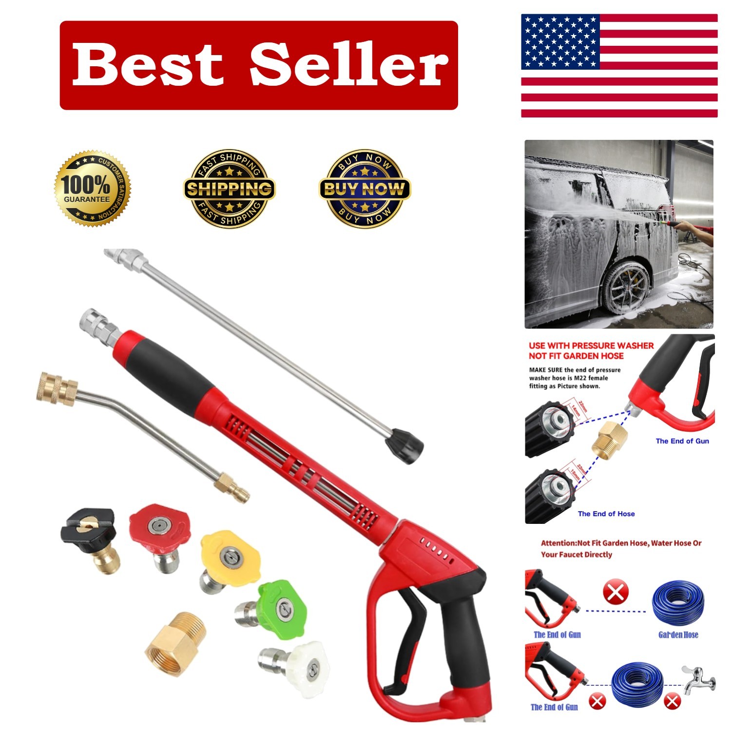 Durable Brass Pressure Washer Gun – 47 Inch with 5 Nozzel Tips for Cleaning