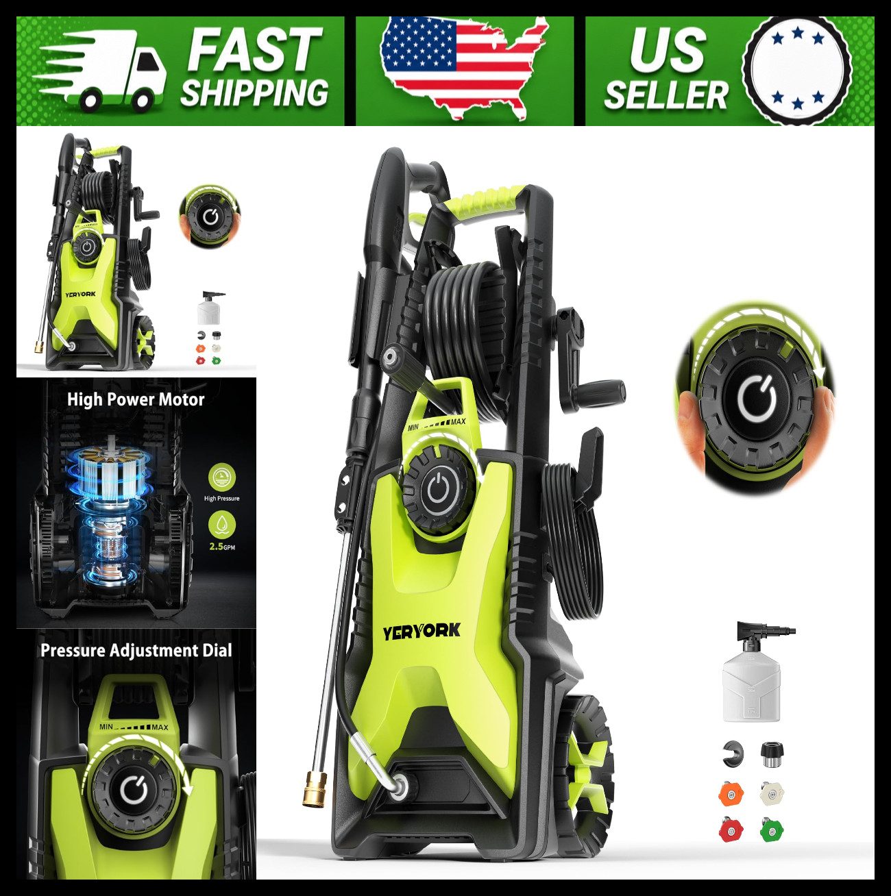 Yeryork Adjustable Pressure Washer 5000 PSI 2.5 GPM with Hose Reel