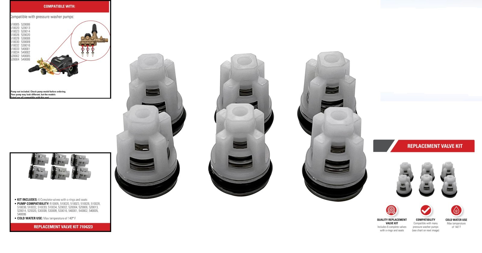 Pressure Washer Valve Kit 6 pcs for AAA OEM Pumps Stainless Steel Brass