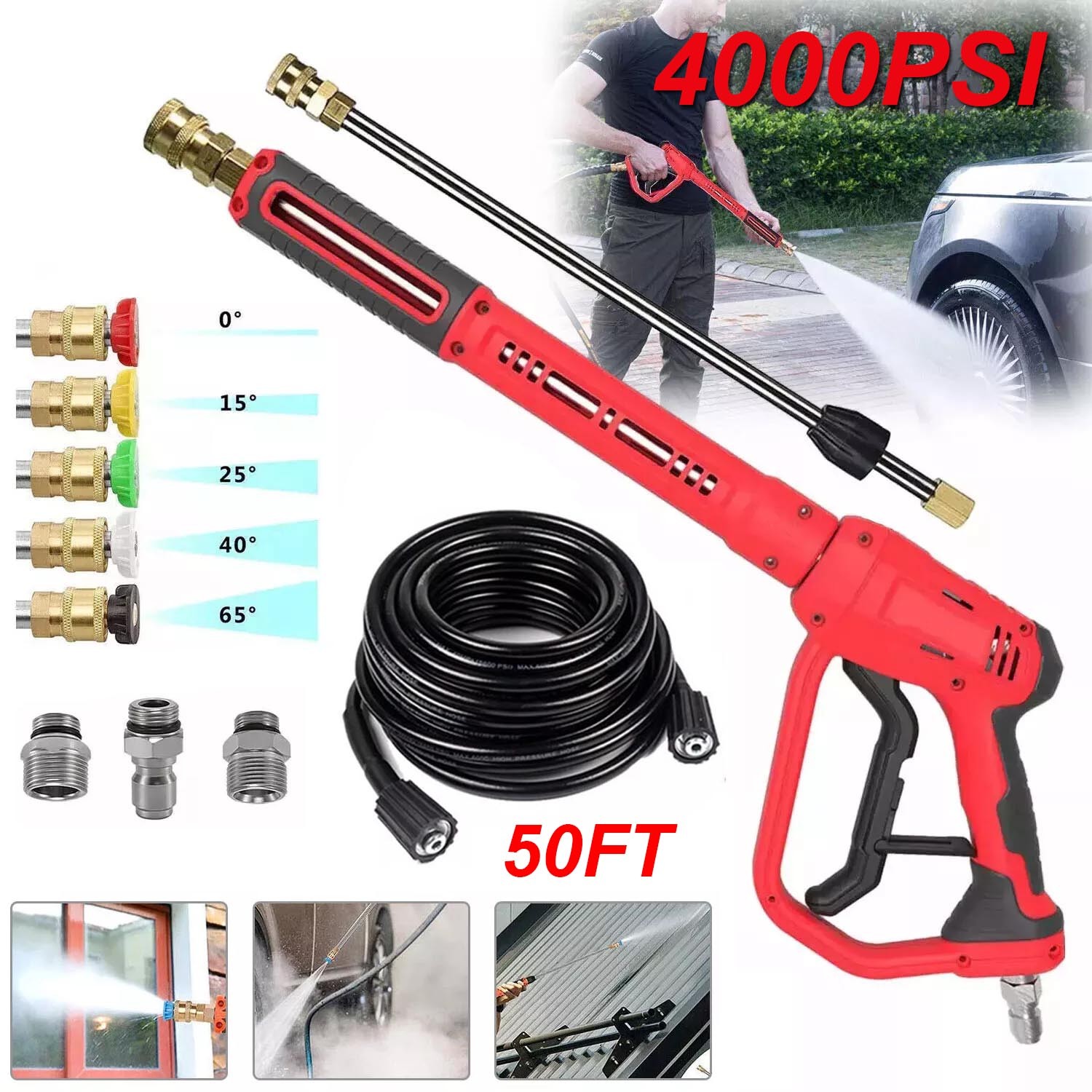 4000PSI High Pressure Car Power Washer Spray Gun Wand Lance Nozzle Tips Hose Kit