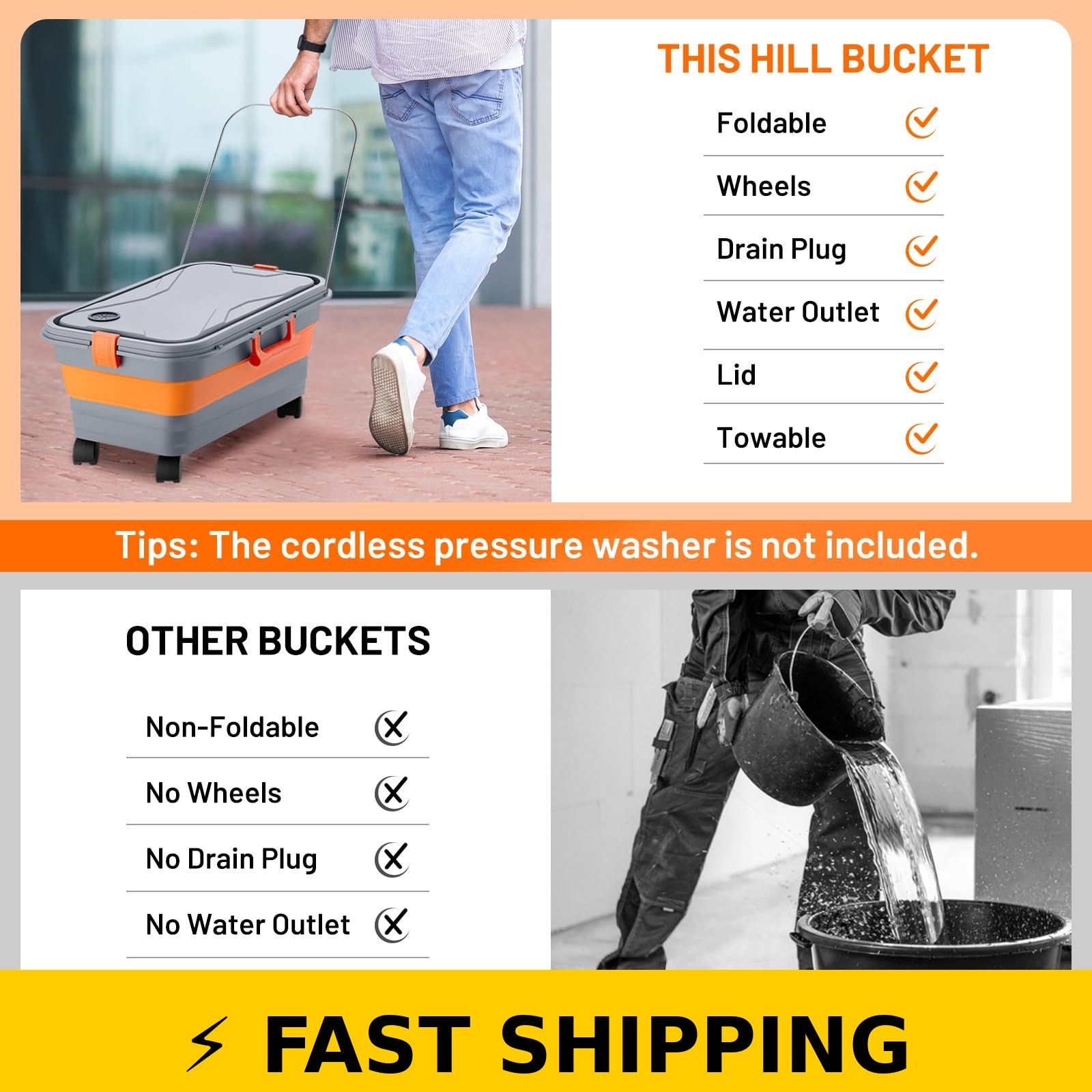 This Hill 5.5 Gallon Collapsible Car Wash Bucket with Wheels