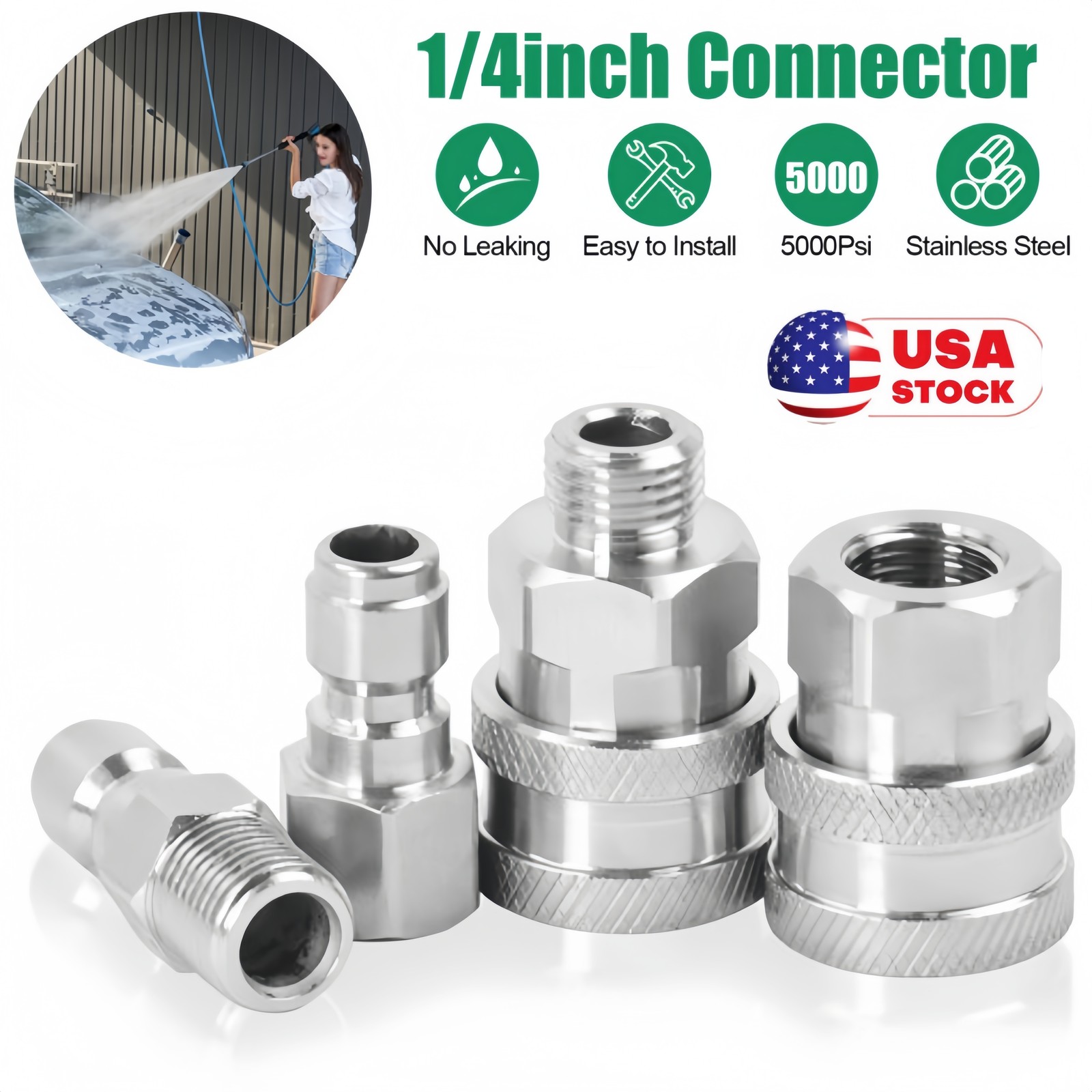 4Pcs 1/4” NPT Stainless Steel Quick Connect Fitting Pressure Washer Adapter Set