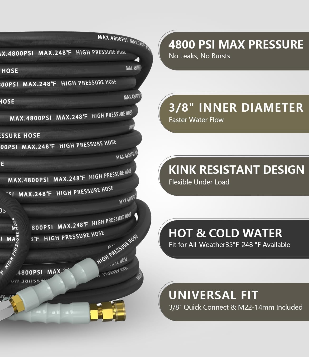 Ultra-Flexible 200FT 3/8″ High Pressure Washer Hose, 4800 PSI with M22 Fittings