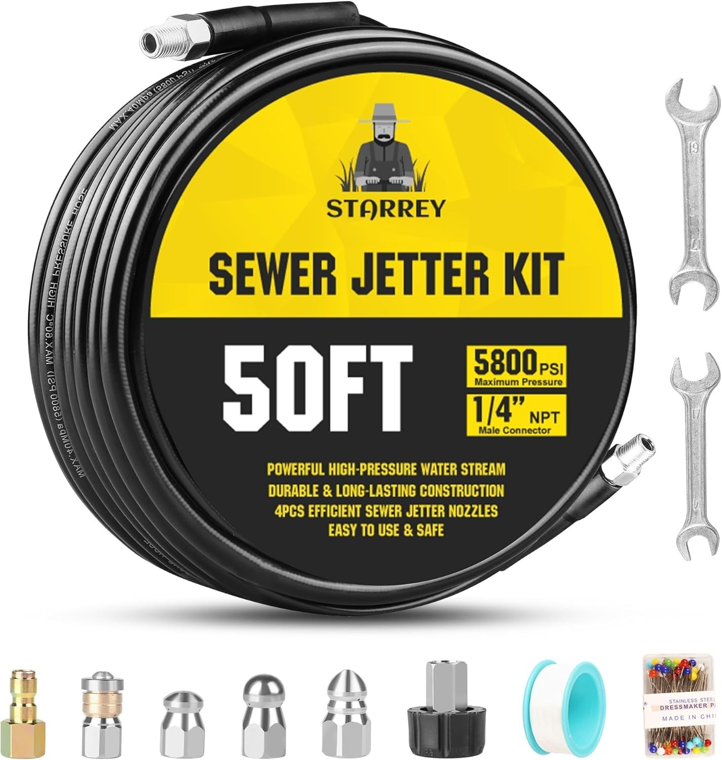 Pressure Washer Drain Jetter – Sewer Jetter Kit for Pressure Washer 50ft 1/4 Inc