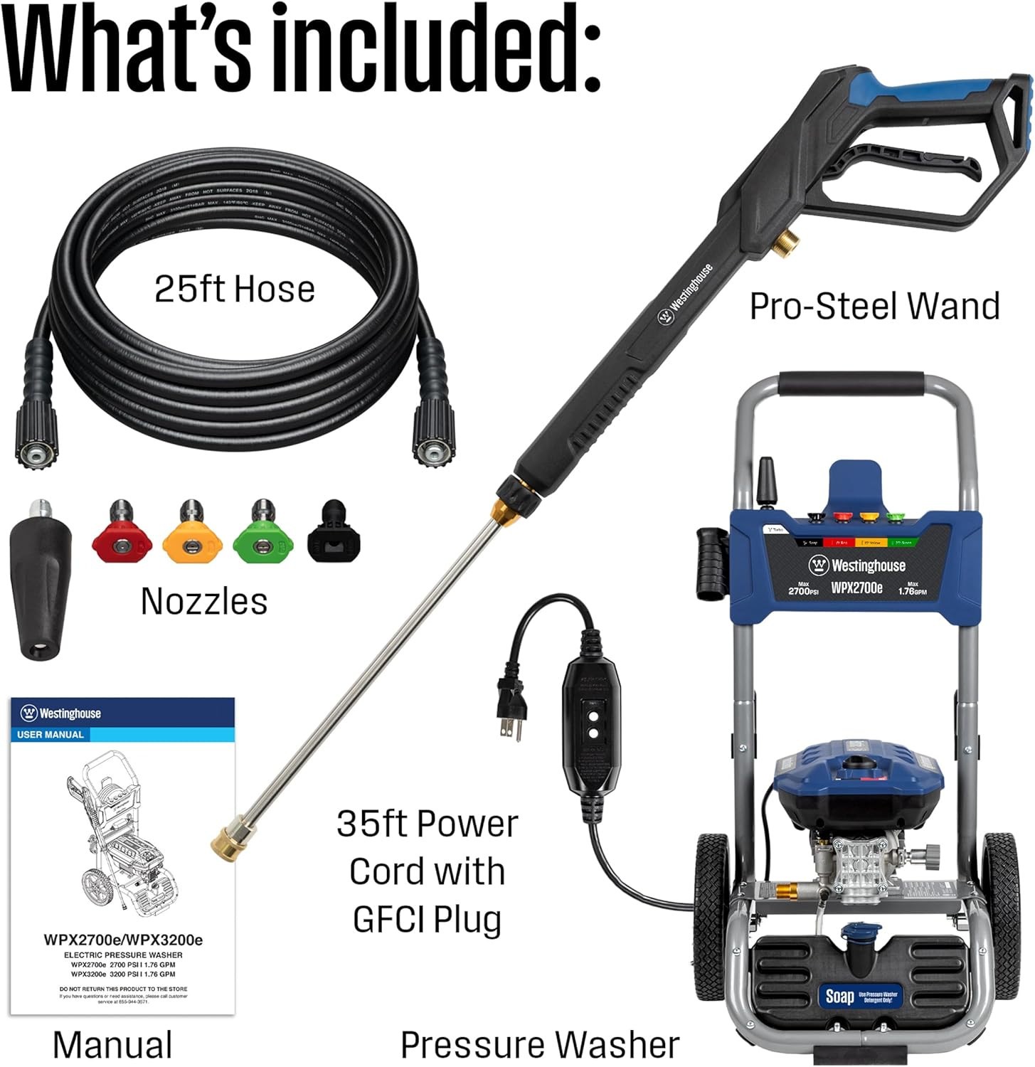 Westinghouse WPX2700e Electric Pressure Washer – 2700 PSI, 1.76 GPM, 5 Nozzles