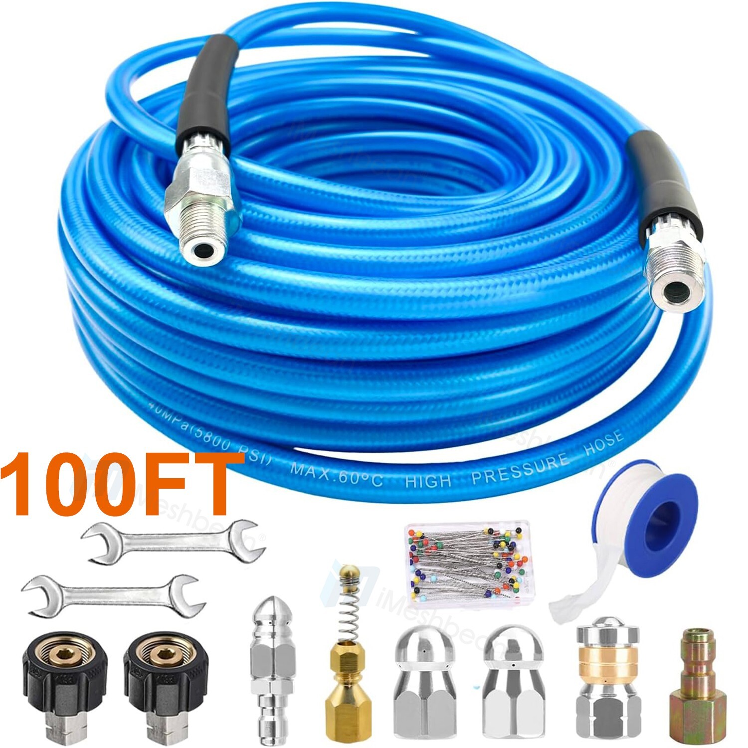 Sewer Line & Drain Jetter Kit 1/4″x 100FT Hose+ Sewer Nozzle M22 Adapter 5800PSI