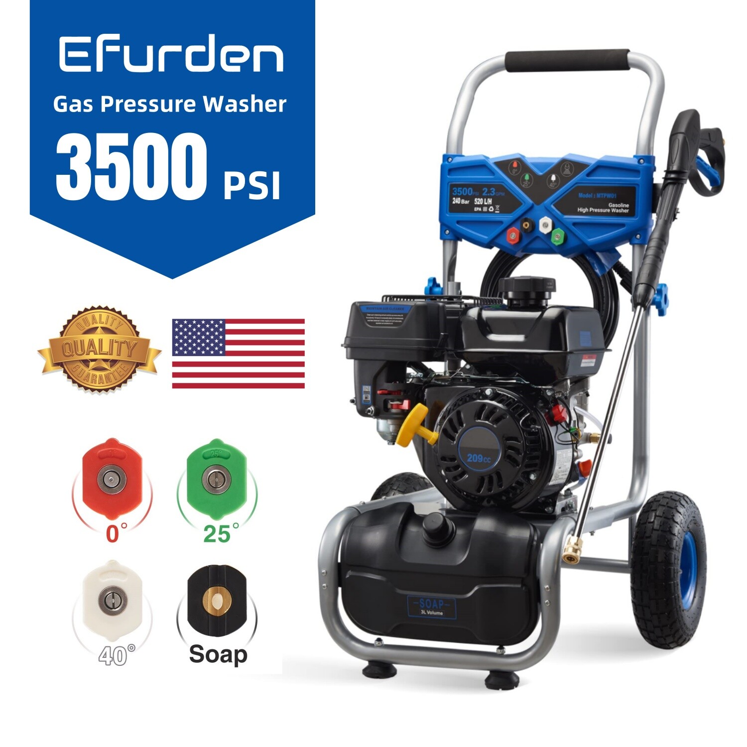 3500 PSI 2.3 GPM Cold Water Gas Powered High Pressure Washer 209cc 4 Nozzles New