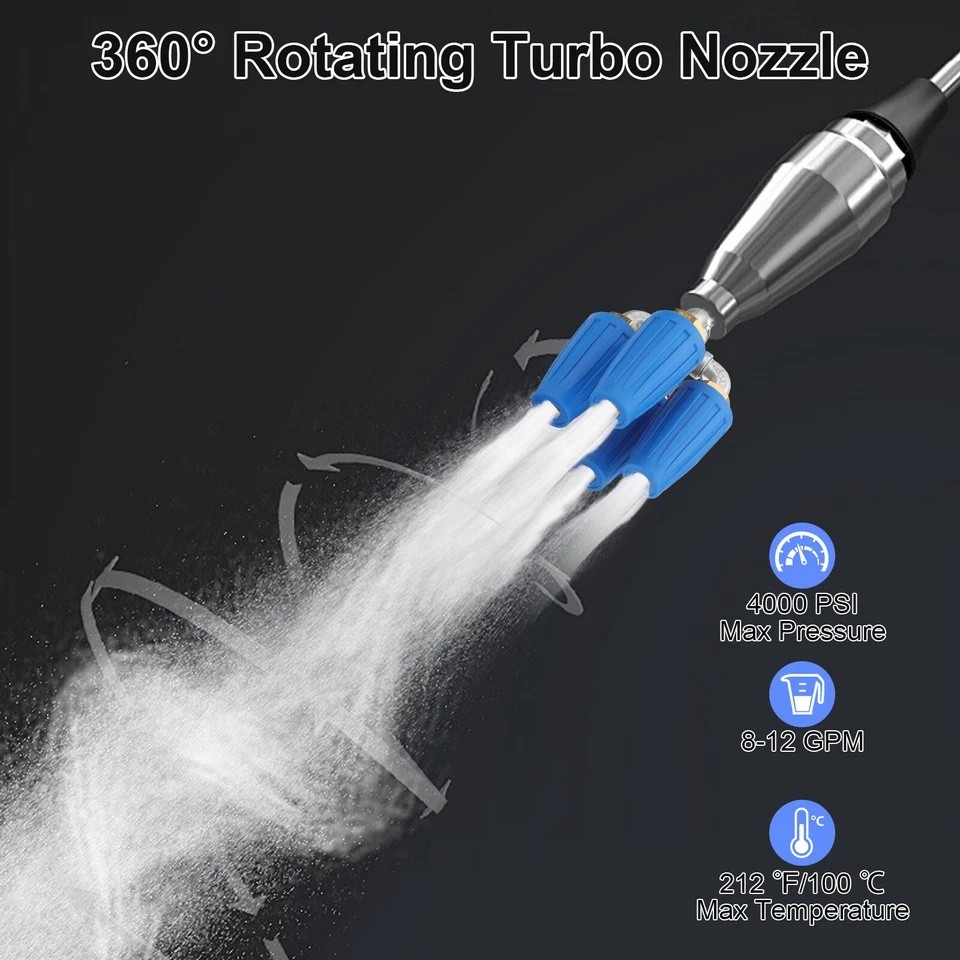 360° Rotating Pressure Washer Four Turbo Nozzle 1/4″ Quick Connector 2.5 Orifice
