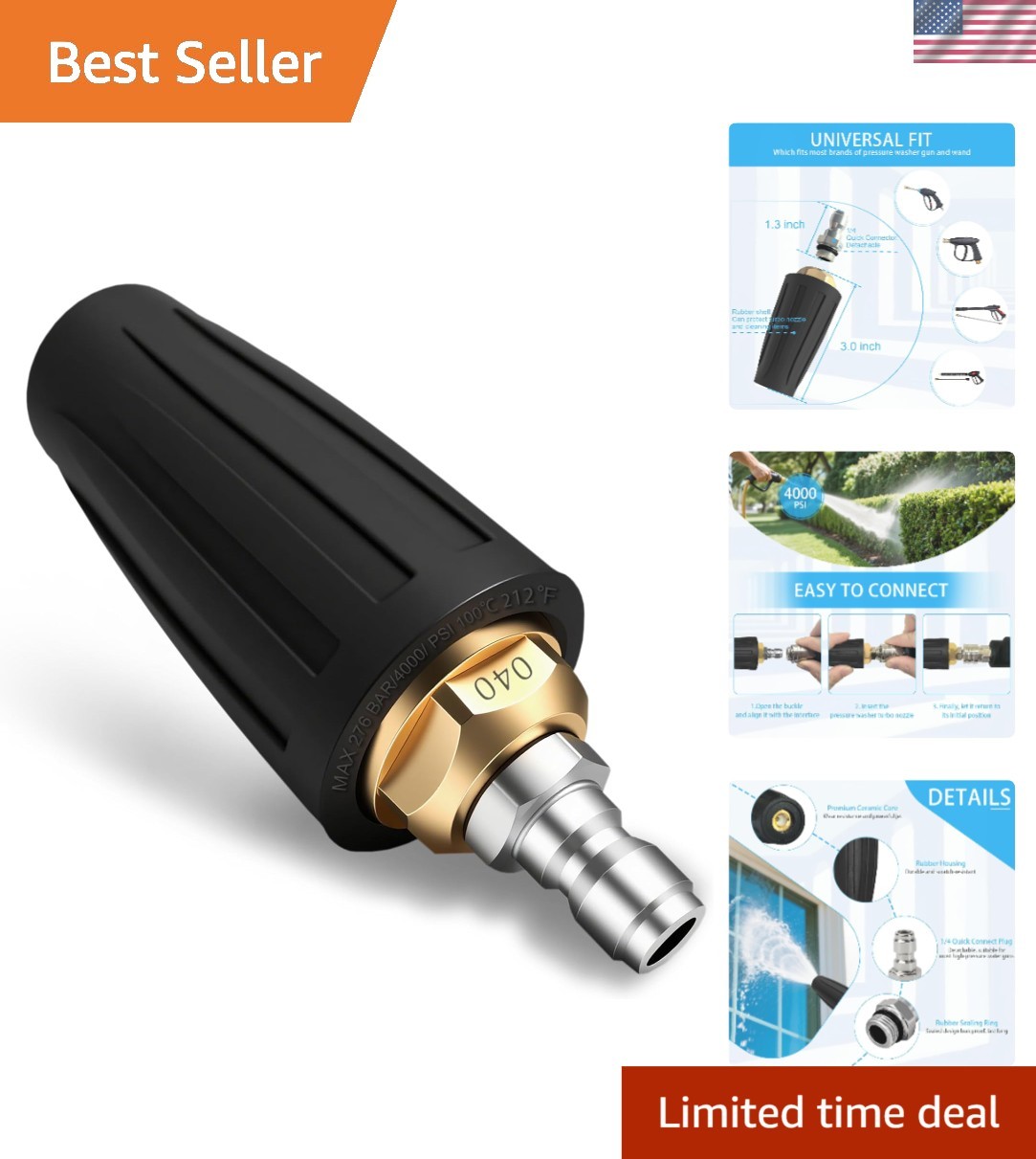 Durable Turbo Nozzle with 360° Rotation – Effortless Cleaning Up to 4000 PSI