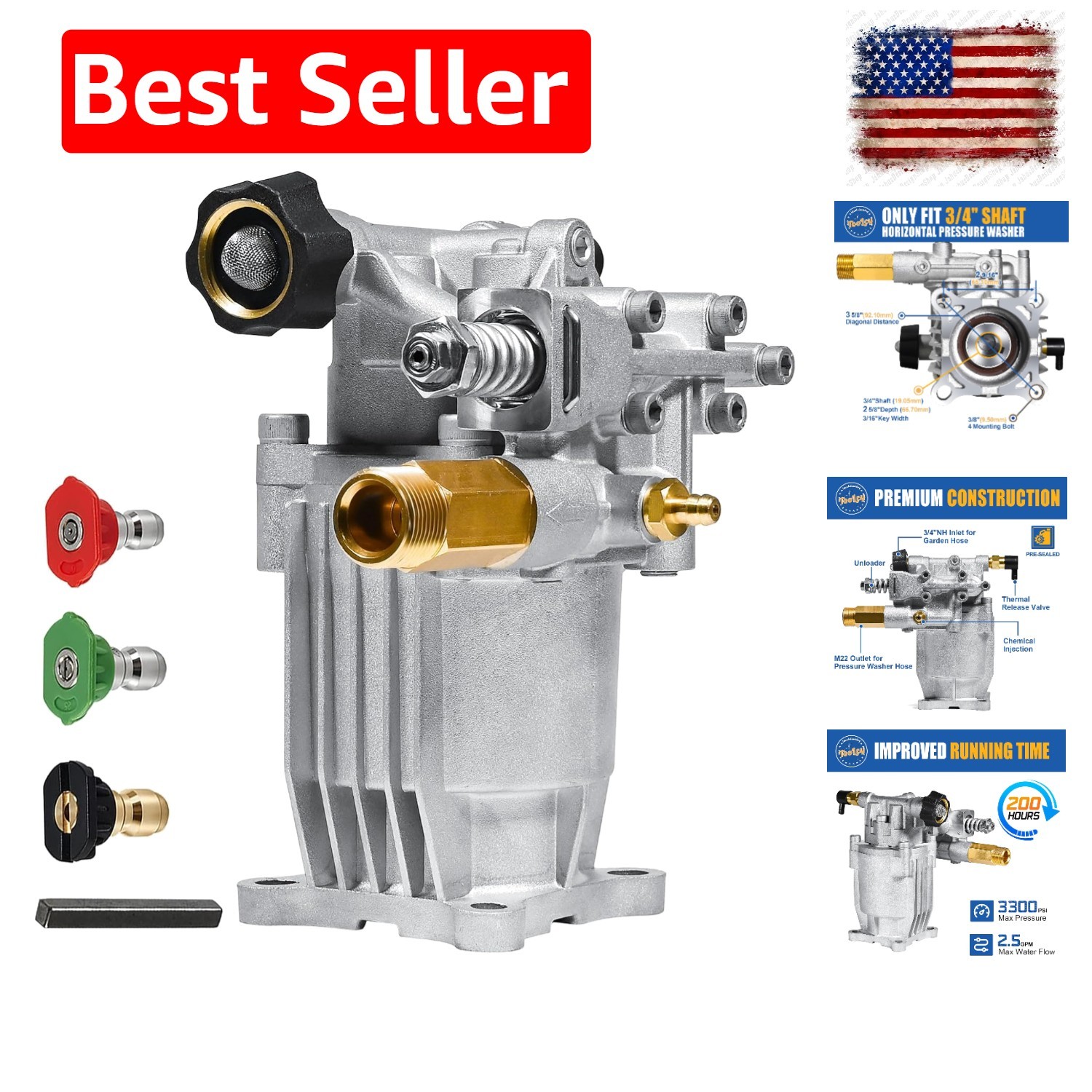 3/4″ Shaft Horizontal Pressure Washer Pump, 2600-3300 PSI @ 2.5 GPM – Power W…
