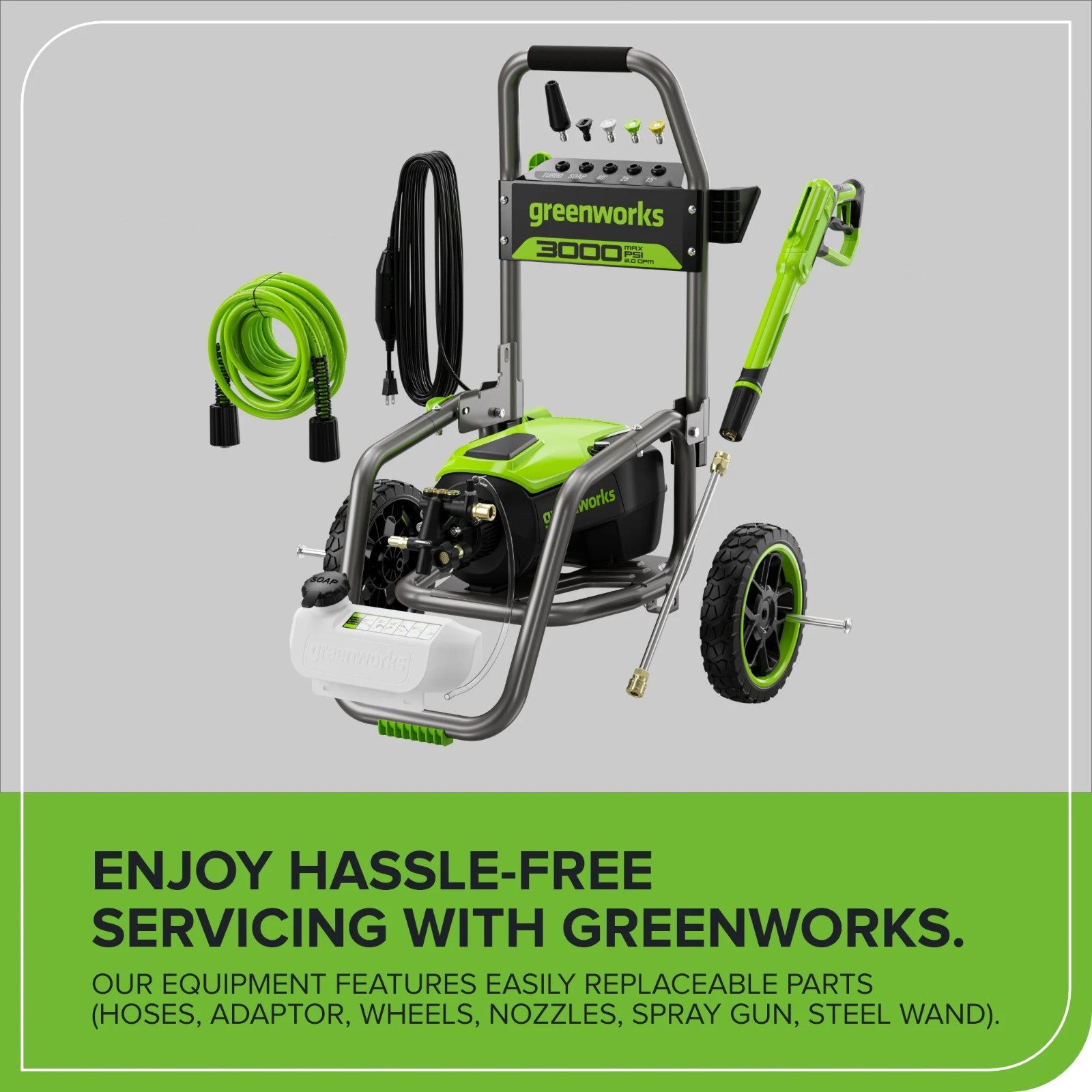 Greenworks 3000 PSI Electric Pressure Washer 25Ft Hose 35Ft Cord w/5 Nozzles