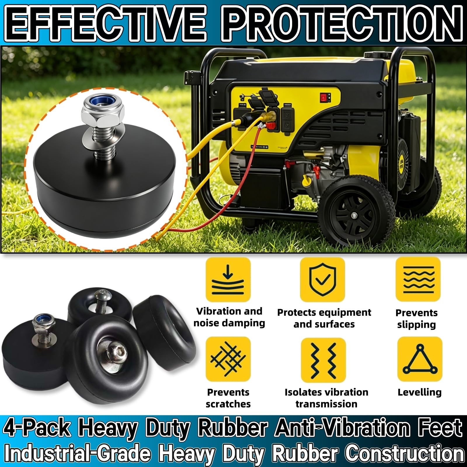 4-Pack Heavy Duty Anti-Vibration Rubber Feet & Bumpers – 1″x2.5″ Shock Absorbers