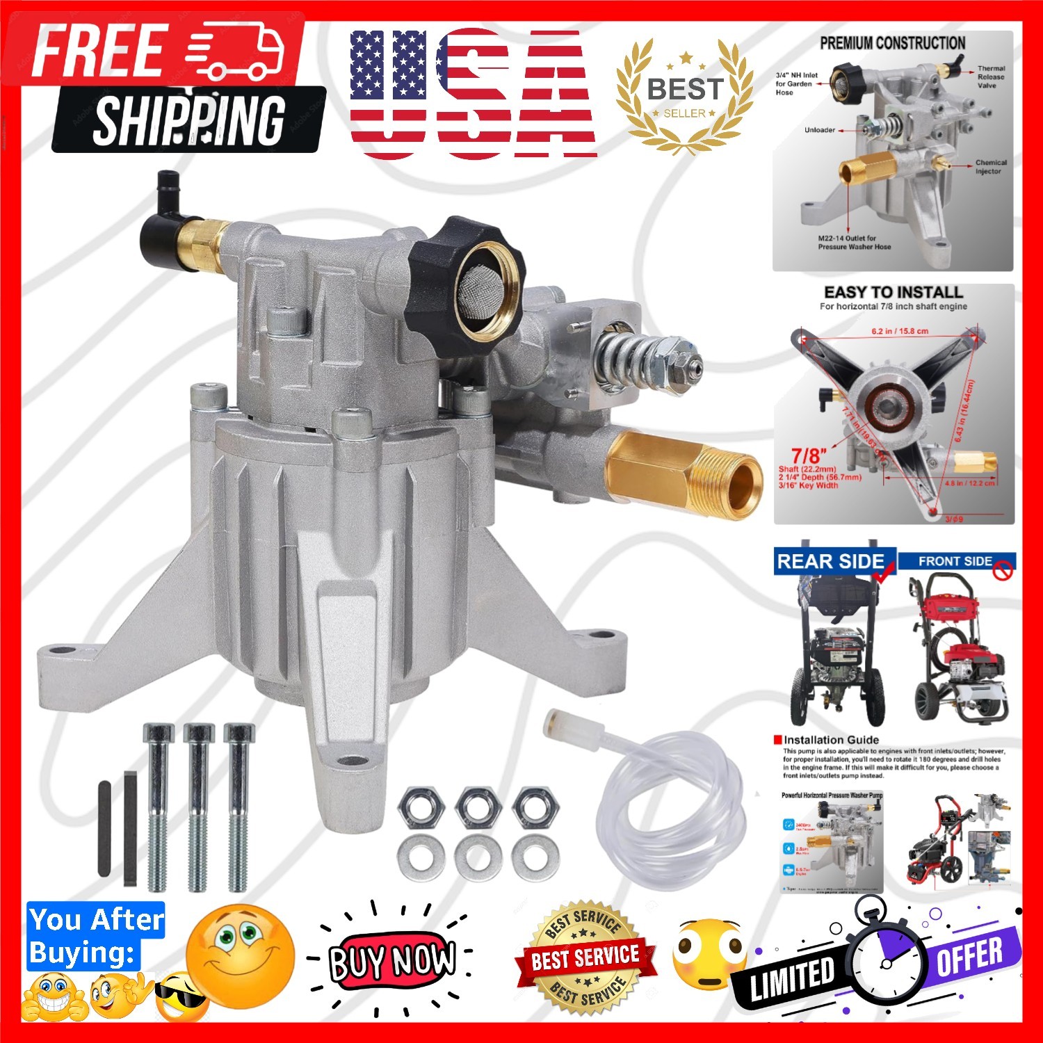 Pressure Washer Pump, 7/8″ Shaft Vertical Plunger, 3400 PSI Max, 2.5 GPM, Rep…