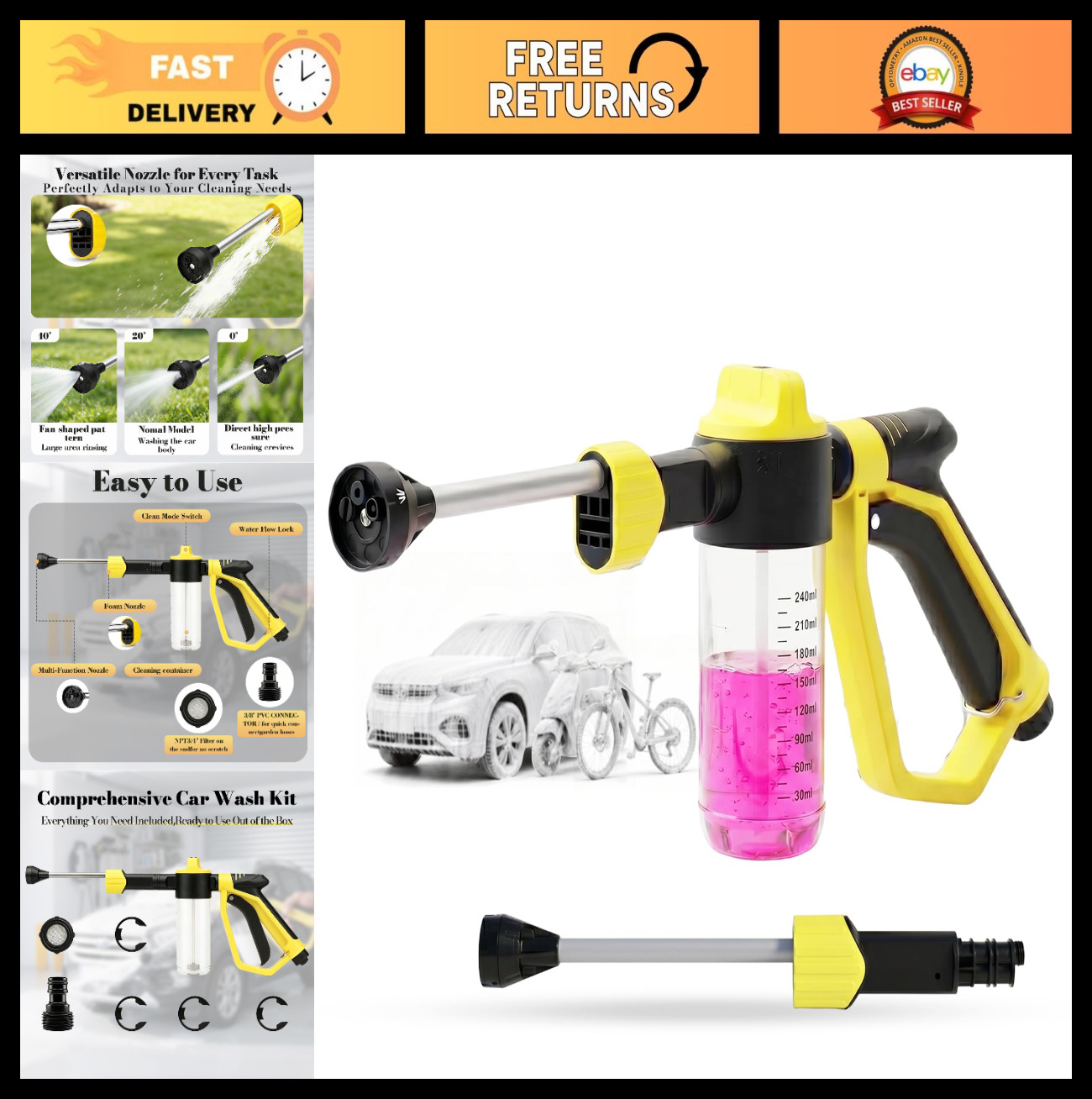 High Pressure Foam Gun for Garden Hose – 3 Spray Modes Car Wash Kit, Yellow
