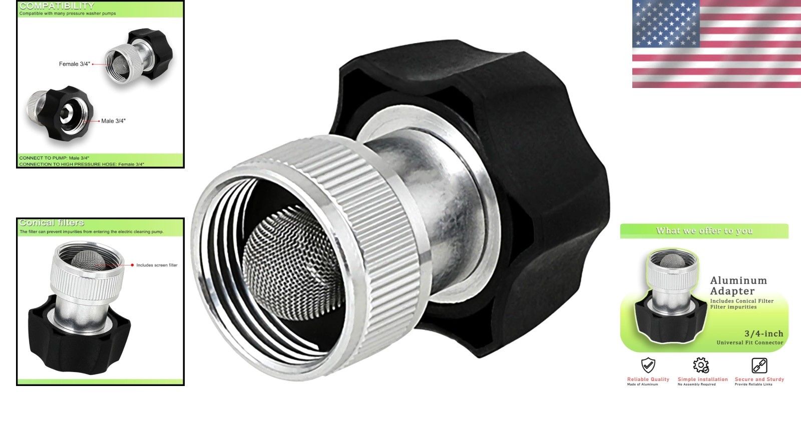 3/4” Durable Aluminum Electric Pressure Washer Coupler with Built-in Filter