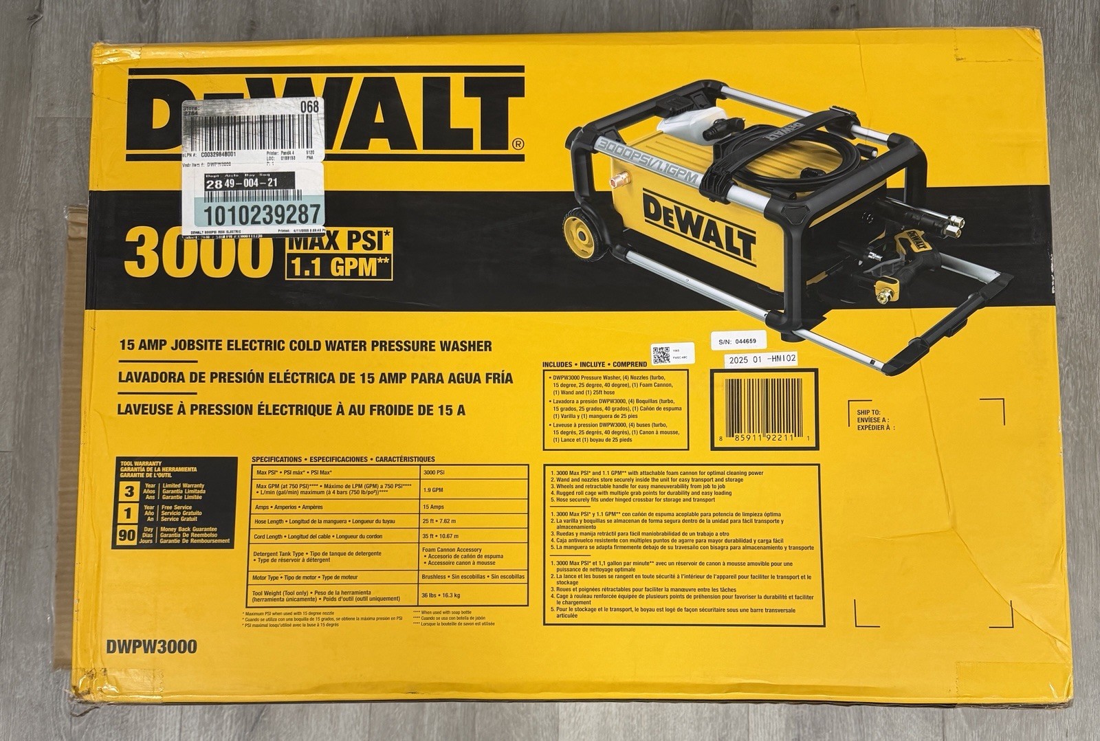 DEWALT DWPW3000 JOB SITE NON WORKING PRESSURE WASHER 15AMP MAX PSI 1.1 GPM