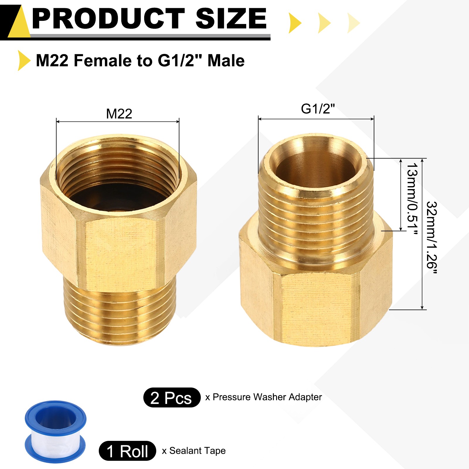 2Pcs Pressure Washer Adapter with Tape M22 Female to G1/2″ Male Brass