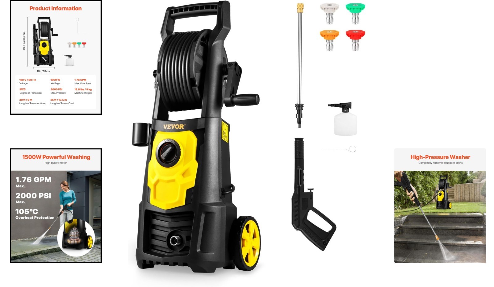 2000 PSI Electric Pressure Washer, 1.76 GPM, Portable with Foam Cannon & 5 No…