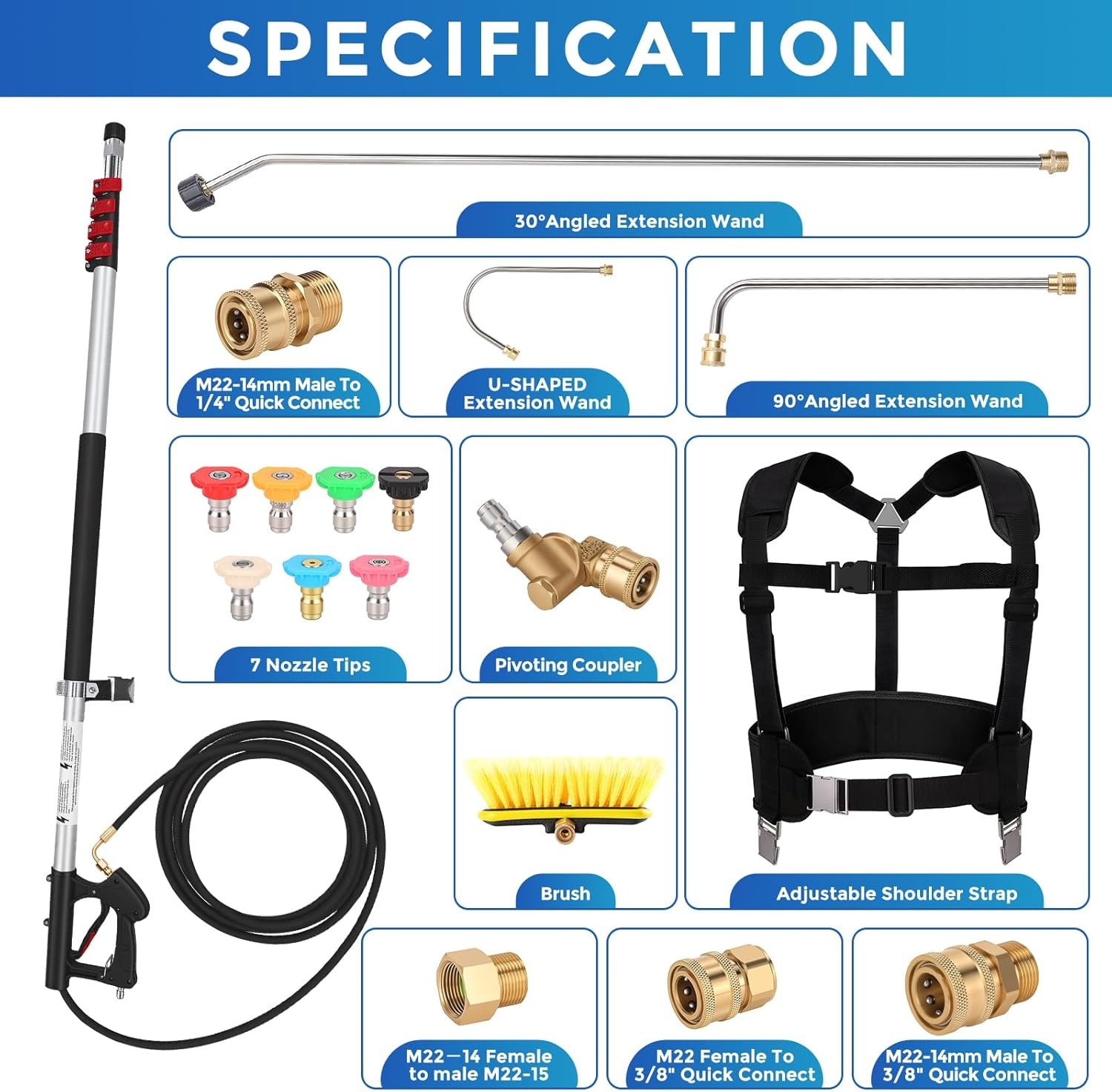 Telescoping Pressure Washer Wand 24 FT, Gutter Cleaning Tool with Brush, Power W