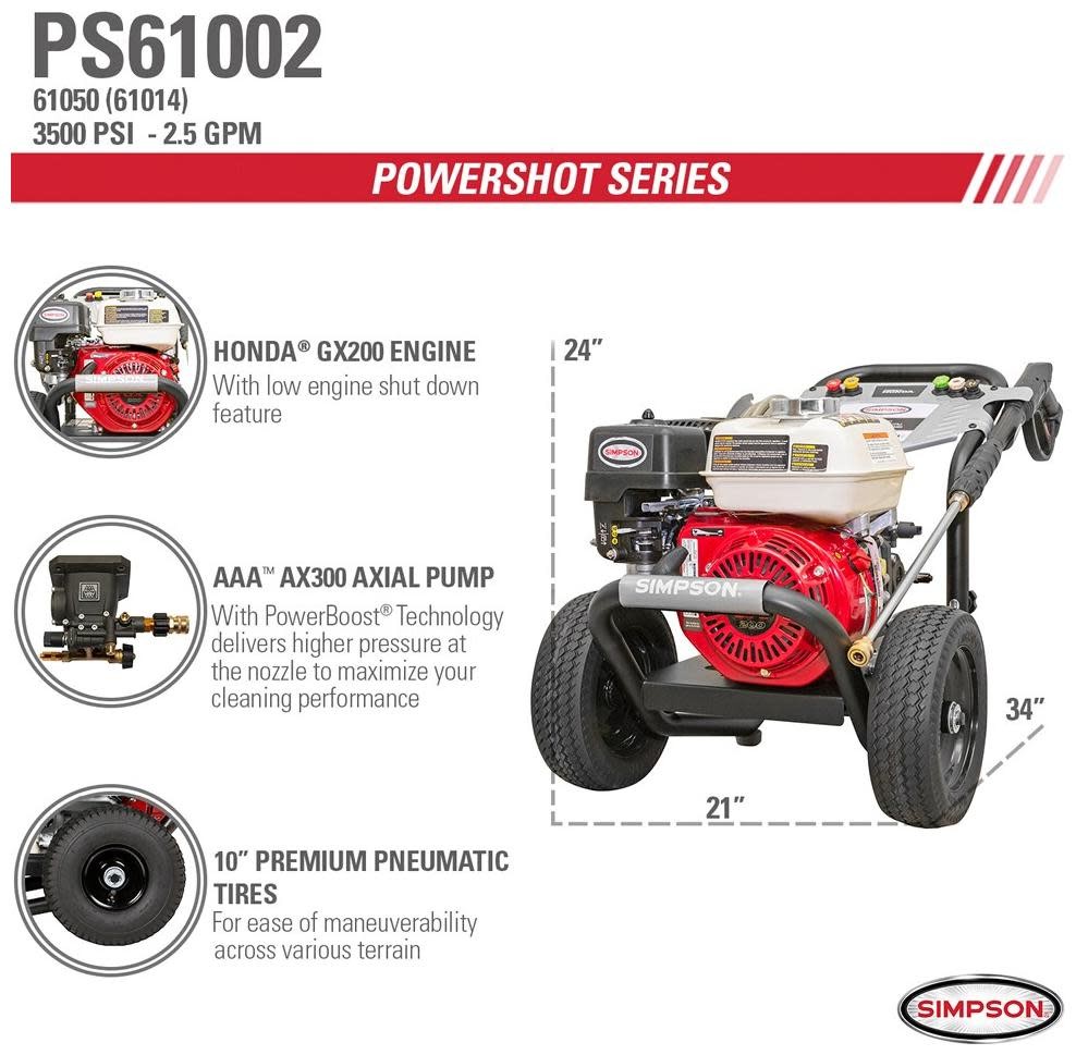 Simpson 61014 3500 PSI 2.5 GPM Gas Powered Cold Water Pressure