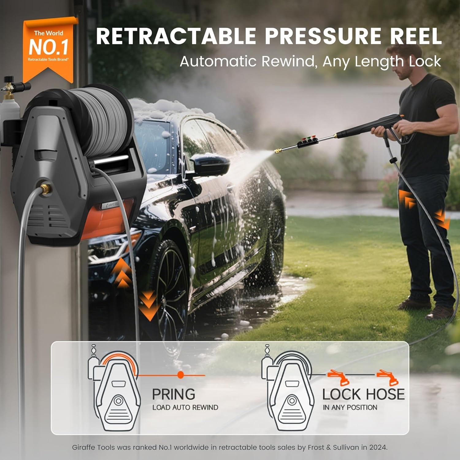 Giraffe Tools Retractable Wall Mounted Pressure Washer Pro, Max 3700 PSI 1.6 GPM