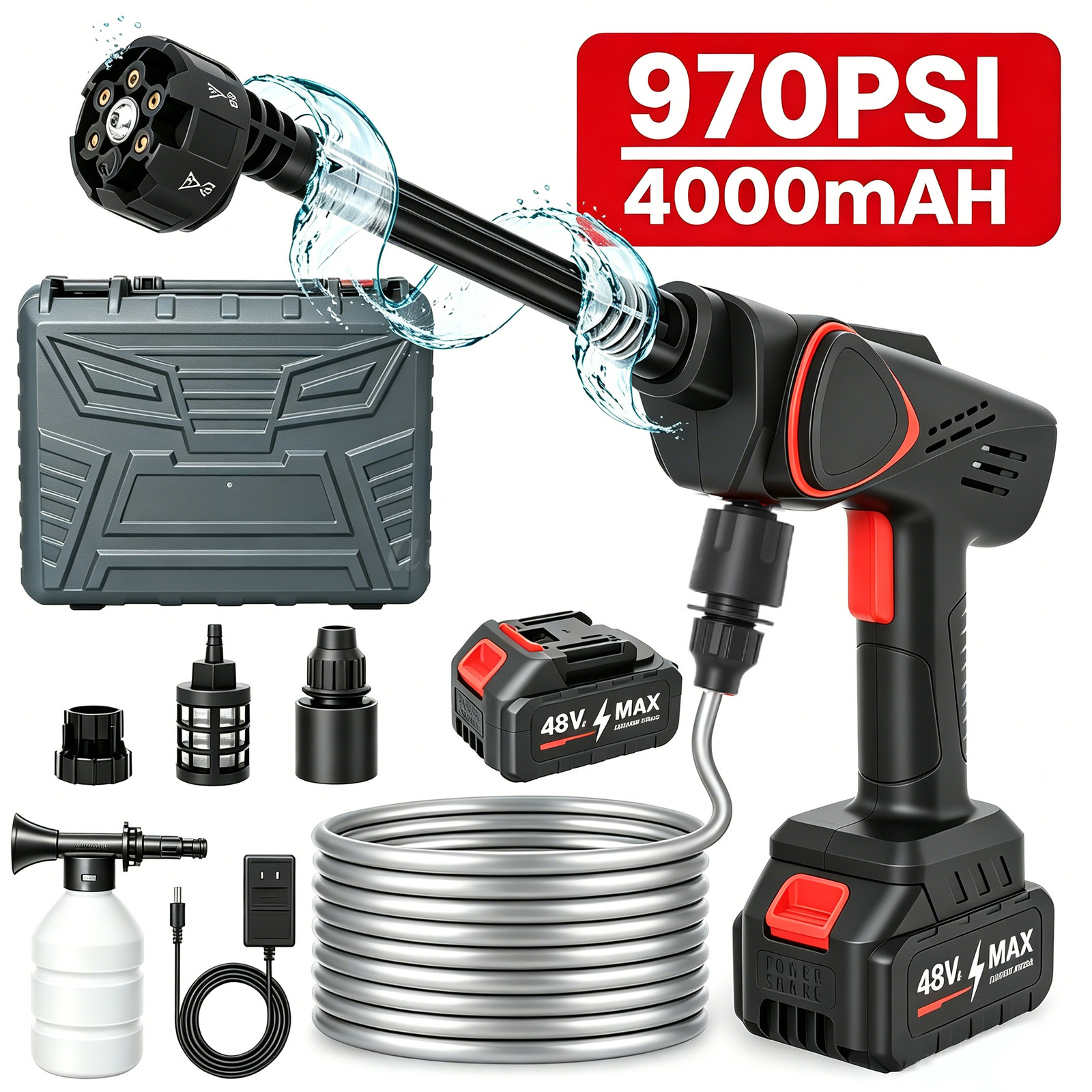 Portable Wireless High Pressure Washer 6-in-1 Nozzle Foam Cannon for Car Garden