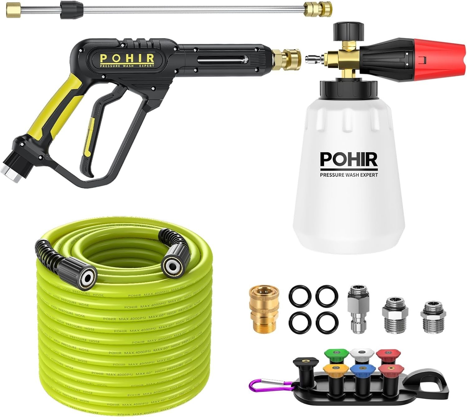 POHIR 3600PSI Pressure Washer Gun Foam Cannon 50FT Pressure Washer Hose 15″ Wand
