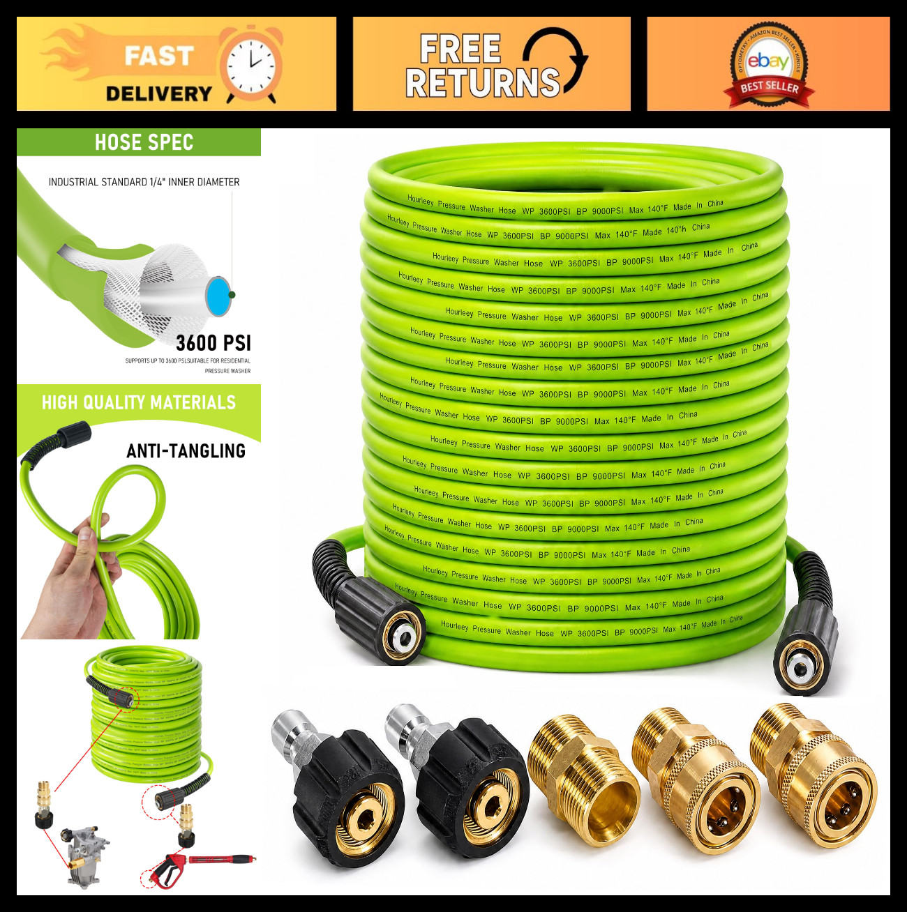 100FT Pressure Washer Hose, 3600 PSI Kink Resistant, 1/4″ Quick Connect Extensio
