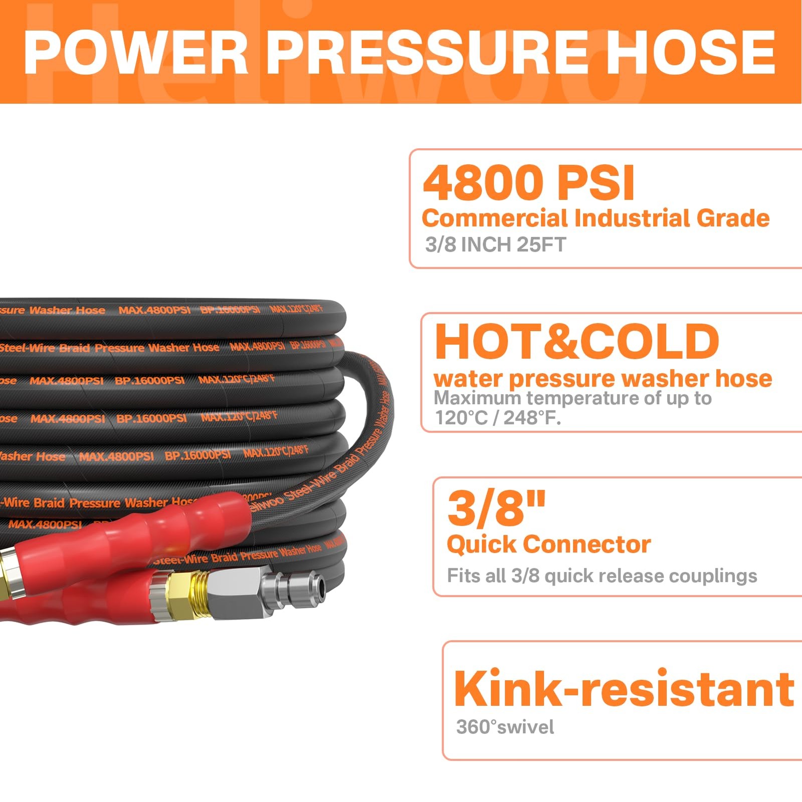 5000PSI Pressure Washer and Hose Kit, 25FT Kink Resistant Steel Braided Power…